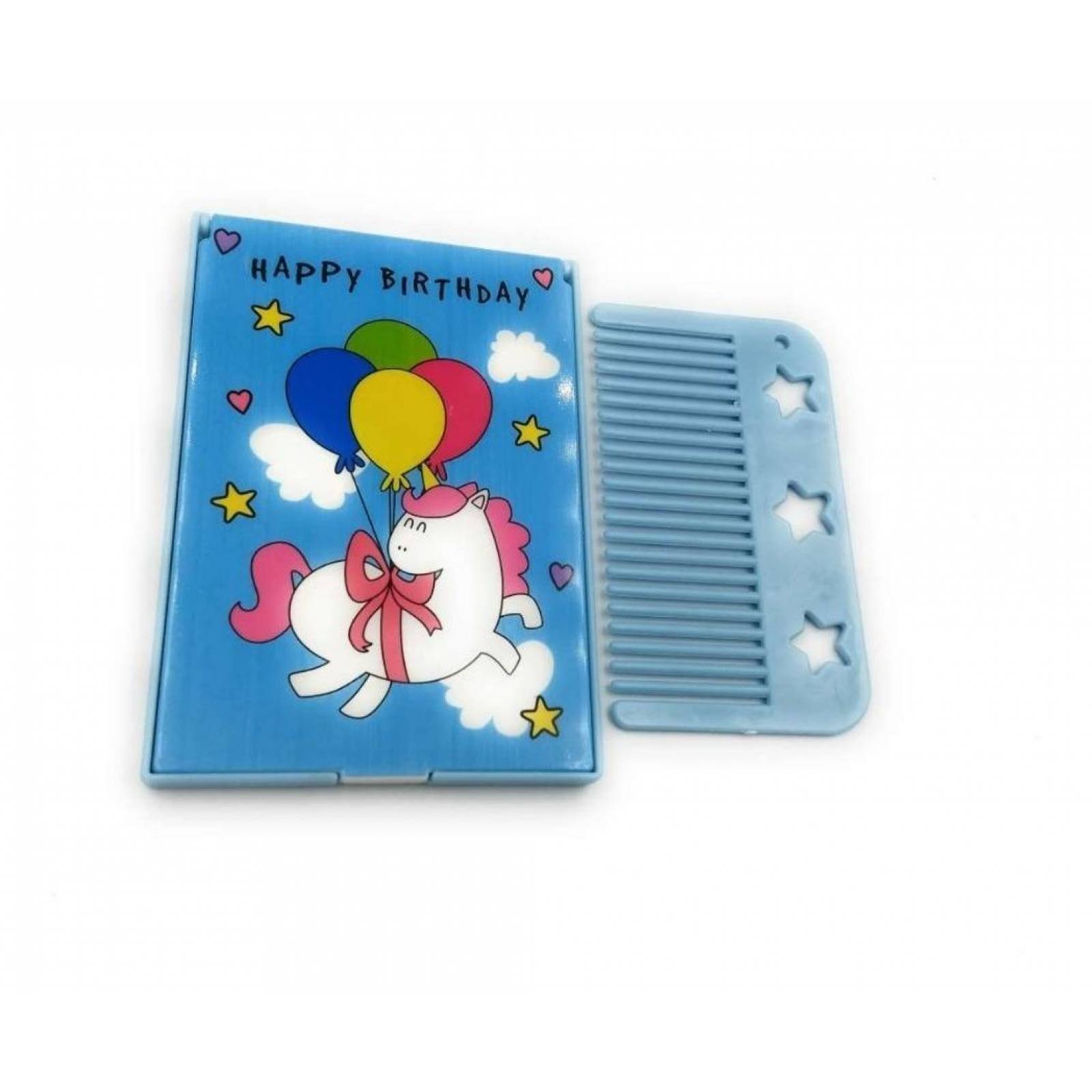Cajita Con Figura De Unicornio Rainvow Con Espejo Y Peine Azul