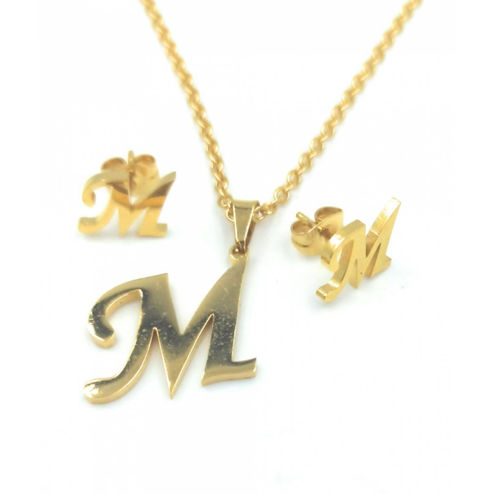 Kit Cadena Con Dije Aretes Letra M Acero Dorado 