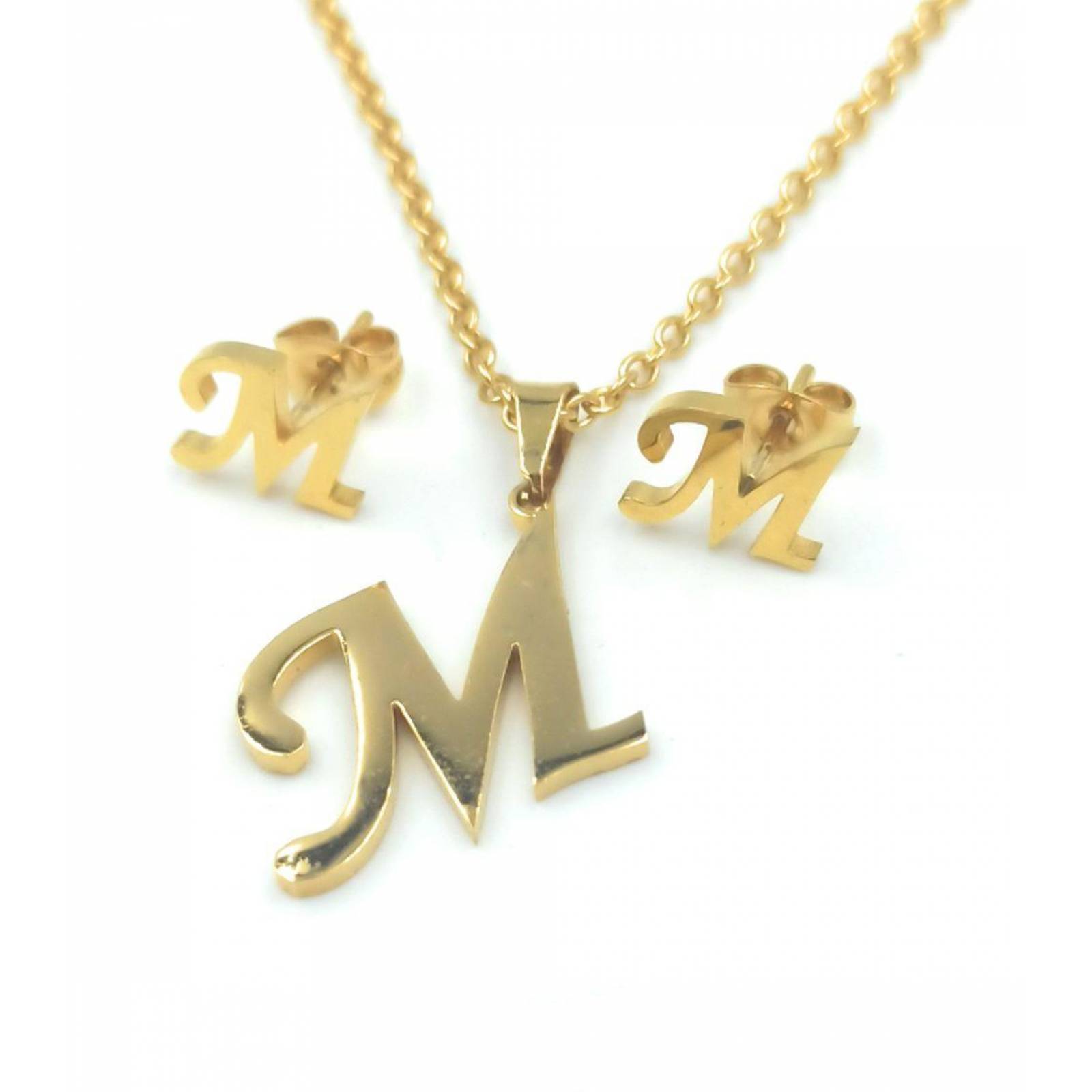 Kit Cadena Con Dije Aretes Letra M Acero Dorado 