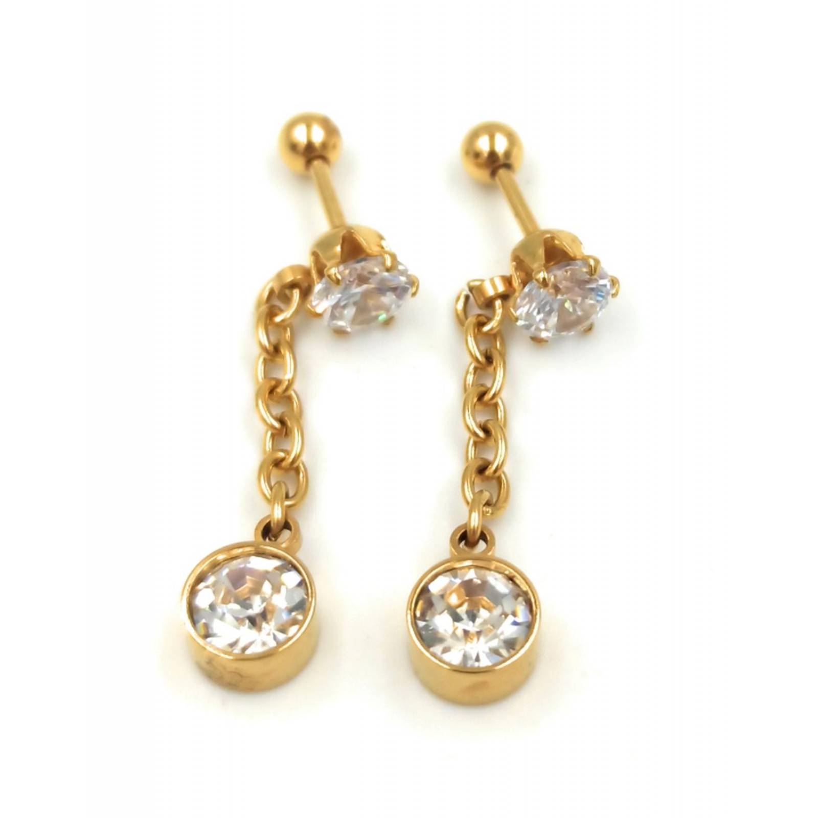 Aretes Largos Con Piedra Zirconia Acero Dorado 