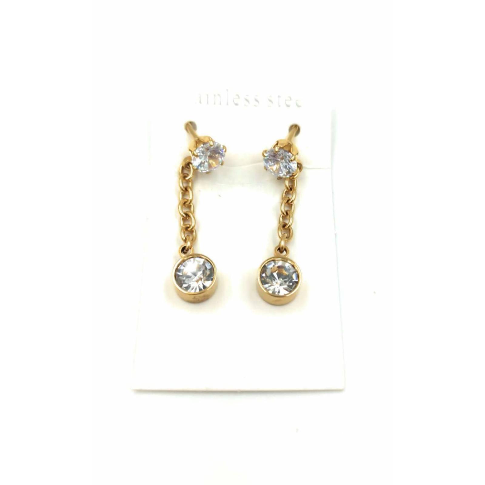 Aretes Largos Con Piedra Zirconia Acero Dorado 