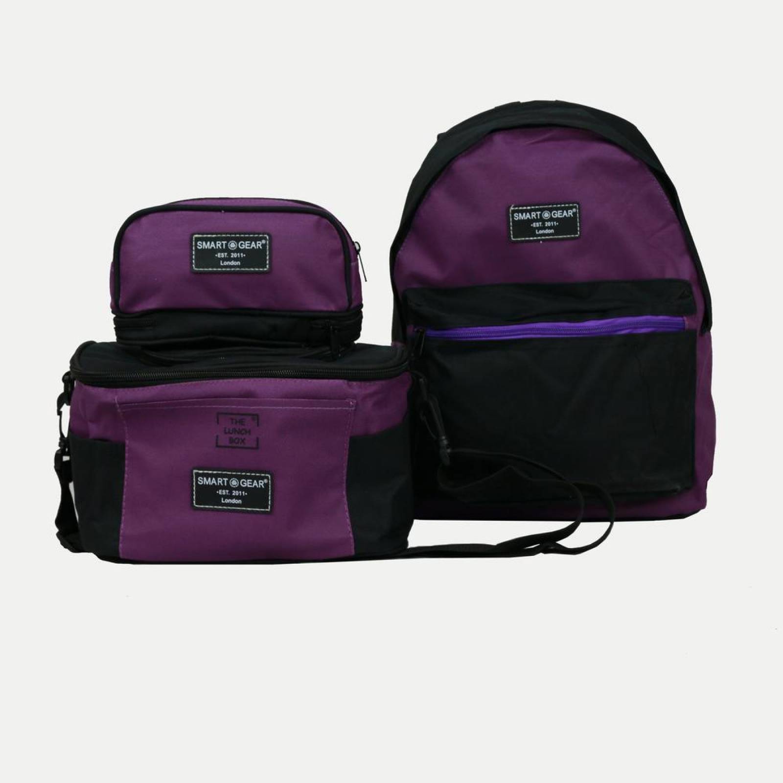 Set de mochila lonchera y lapicera morada ideal para escuela 