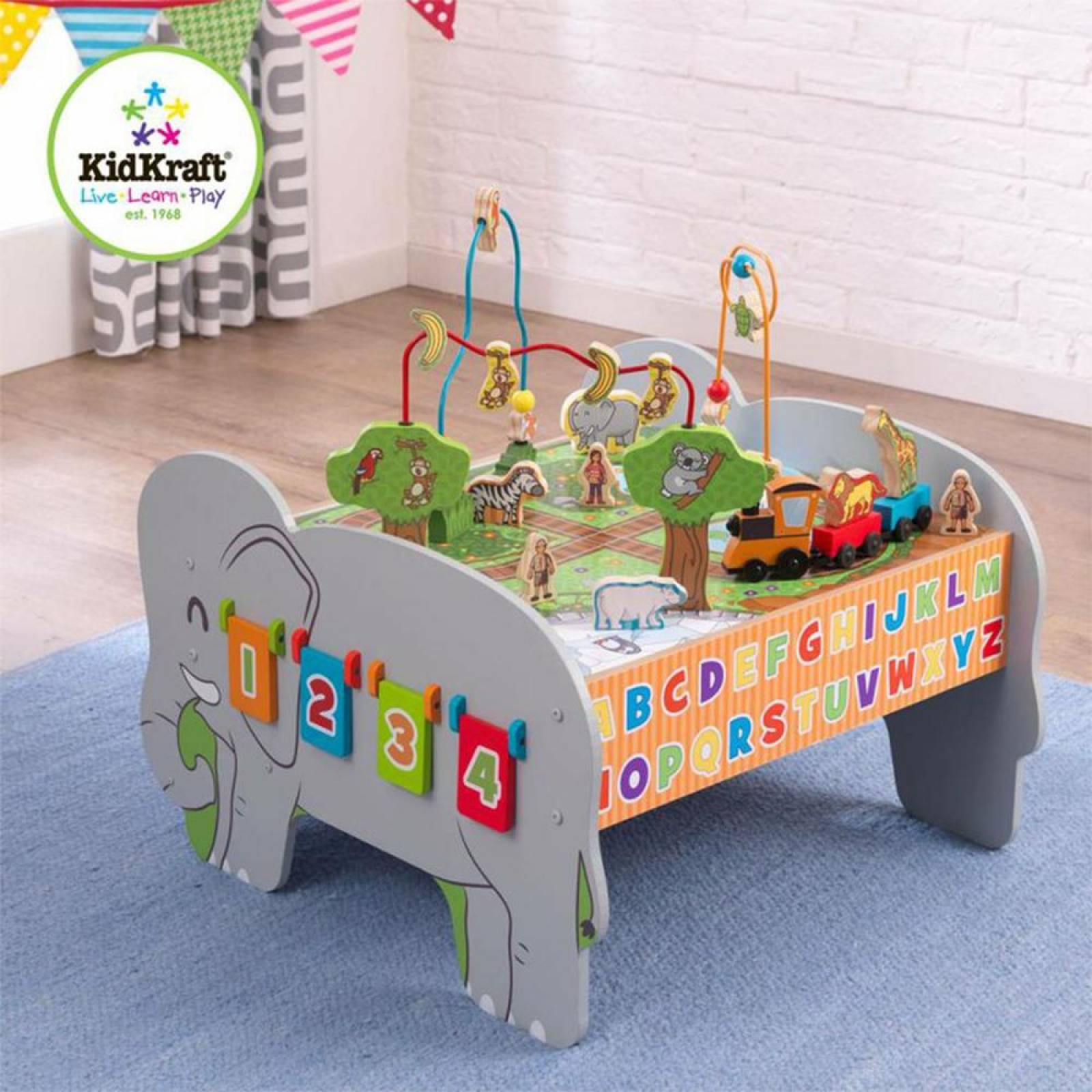 Mesa de actividades de madera para niños con tren y Juguetes Kidkraft