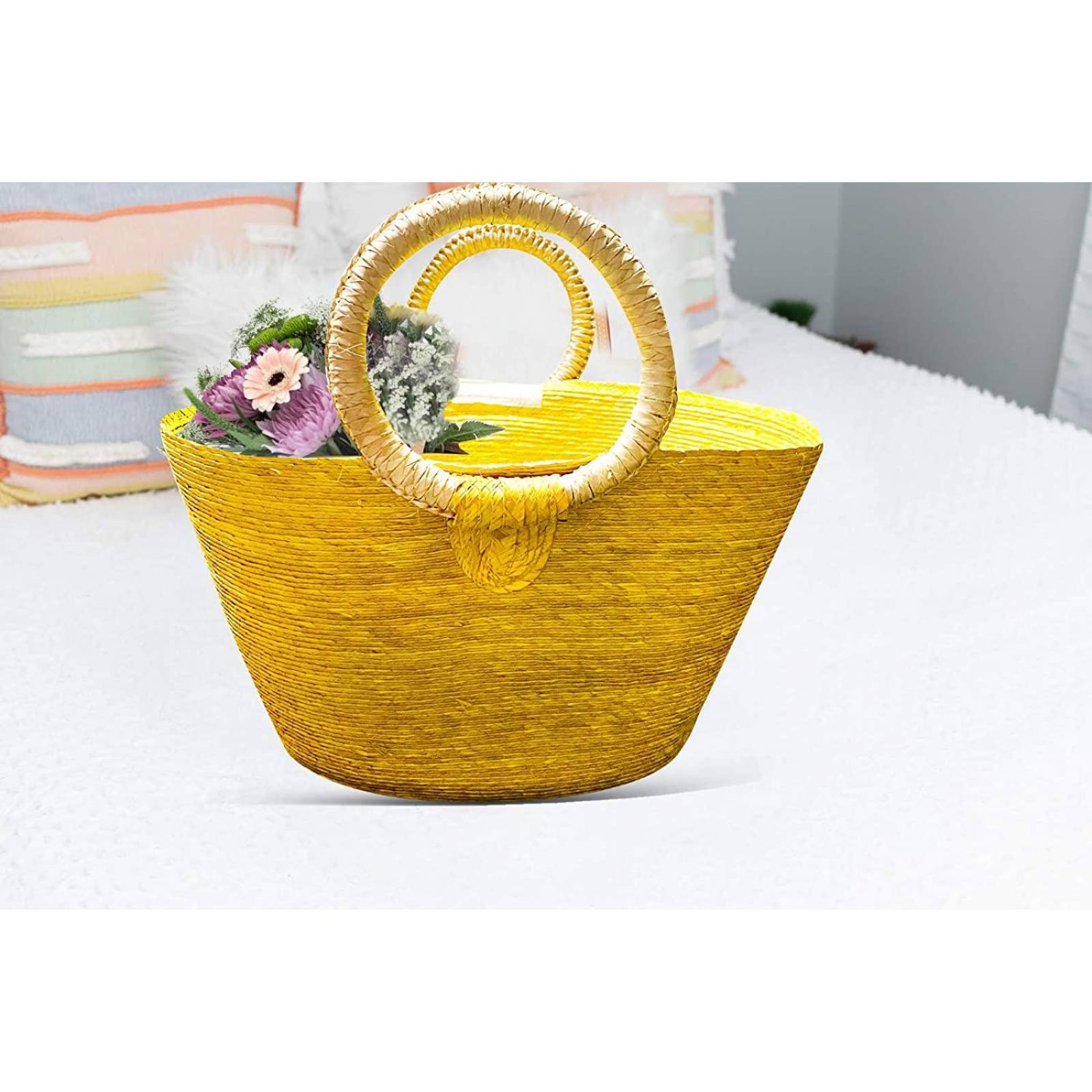 Bolsa de mimbre artesanal hecha a mano Maya Amarillo
