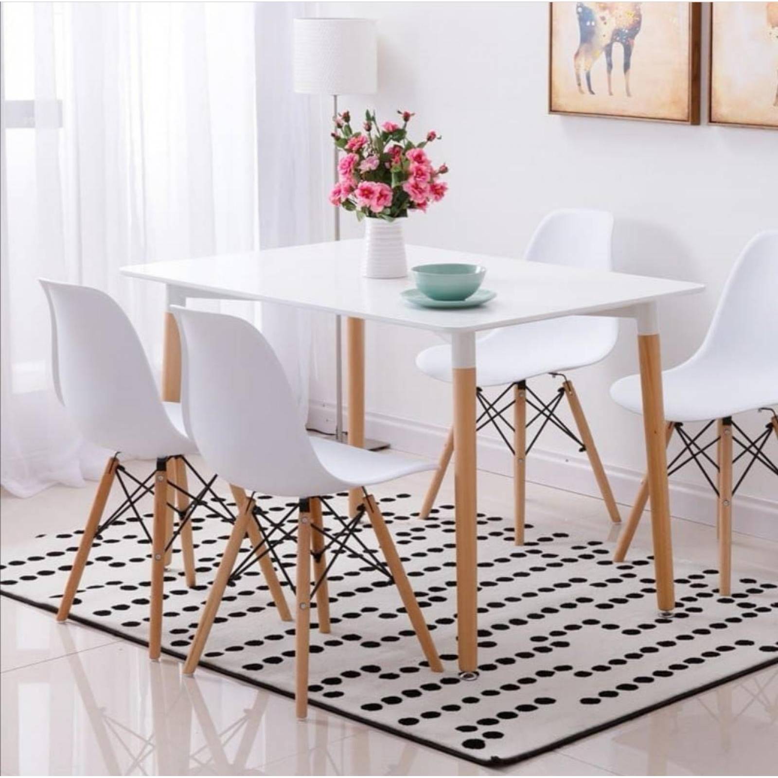 Set de Comedor Mesa con 4 Sillas Estilo Nórdico Blanco