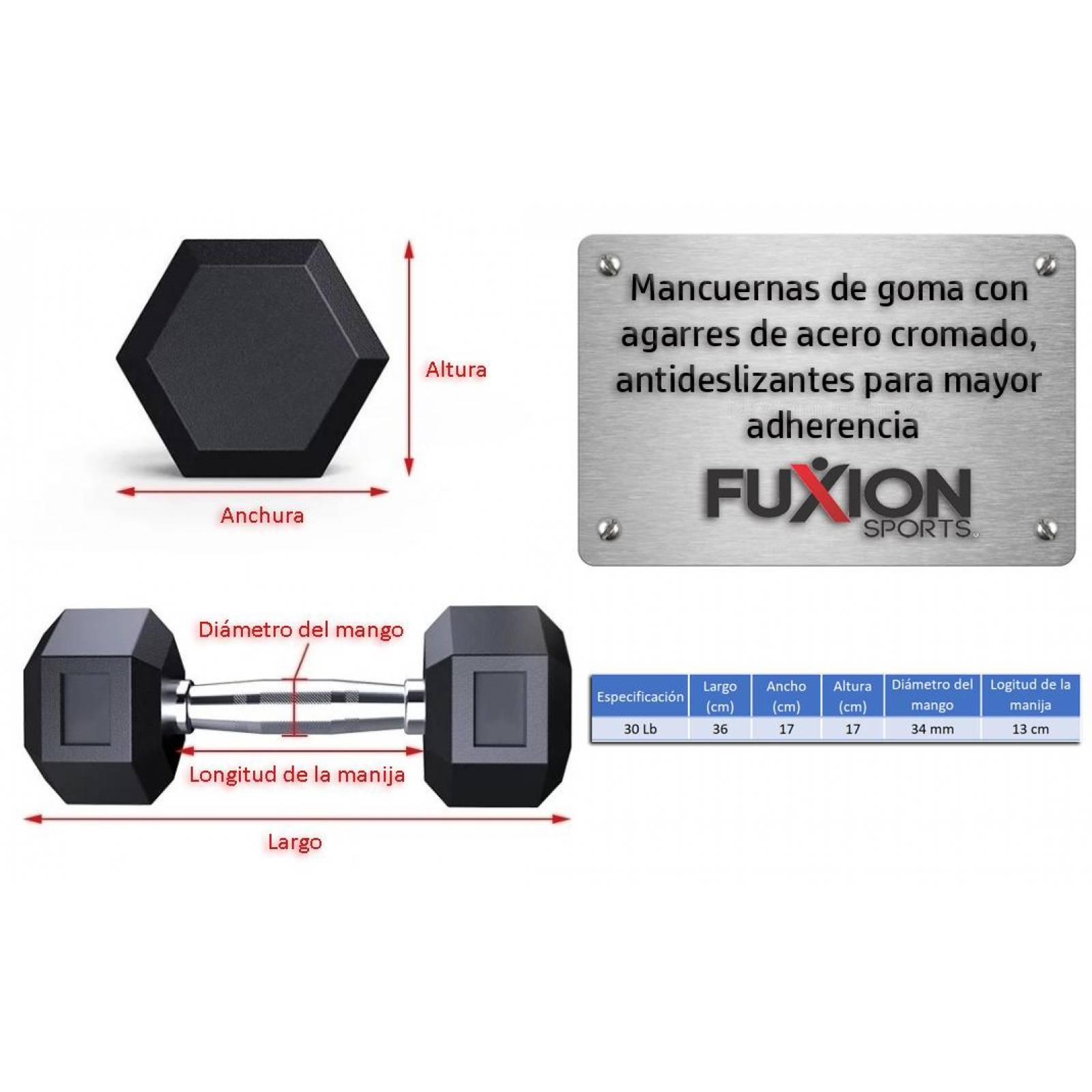 Mancuerna Hexagonal de Acero Forro Neopreno 30 lb 