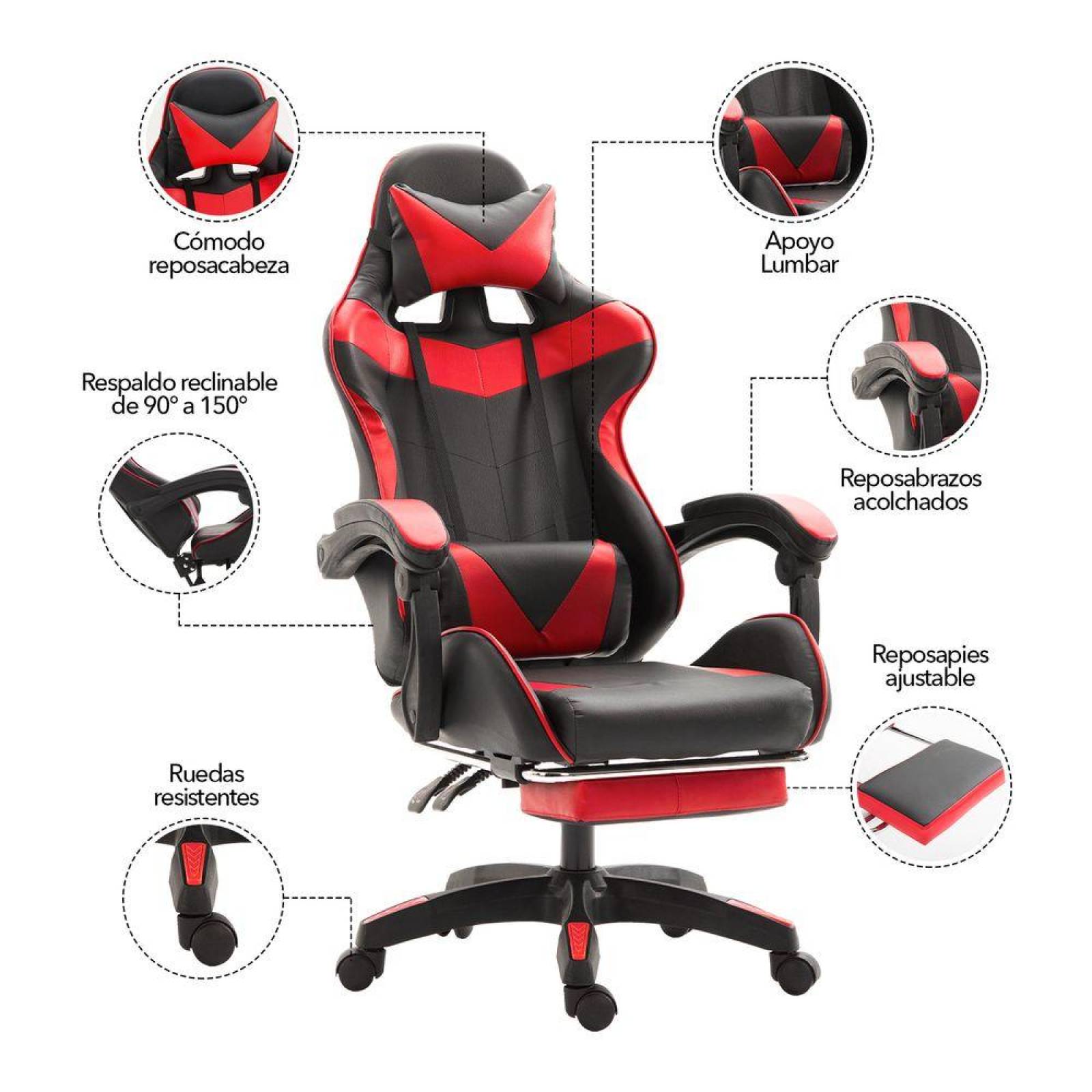 Silla Gamer Ergonómica Reclinable Con Descansa Pies Rojo Grande