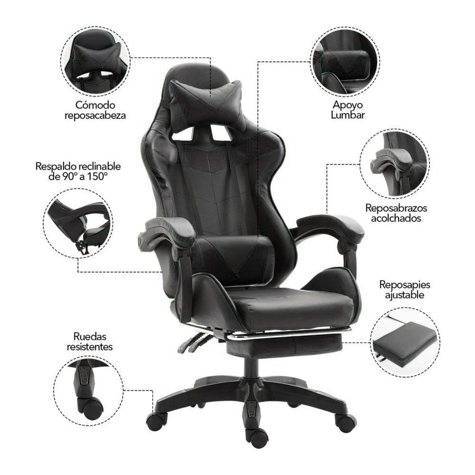 Silla Gamer Ergonómica Reclinable Con Descansa Pies Grande Negro
