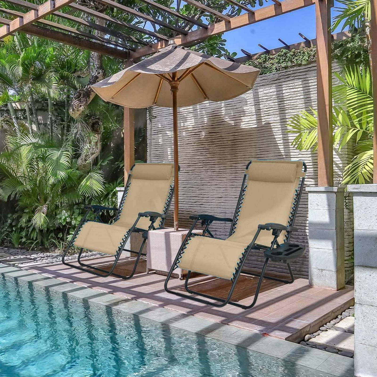 Set De 2 Sillas Tipo Camastro Plegable Tecnologia Gravedad Cero Reclinable Beige