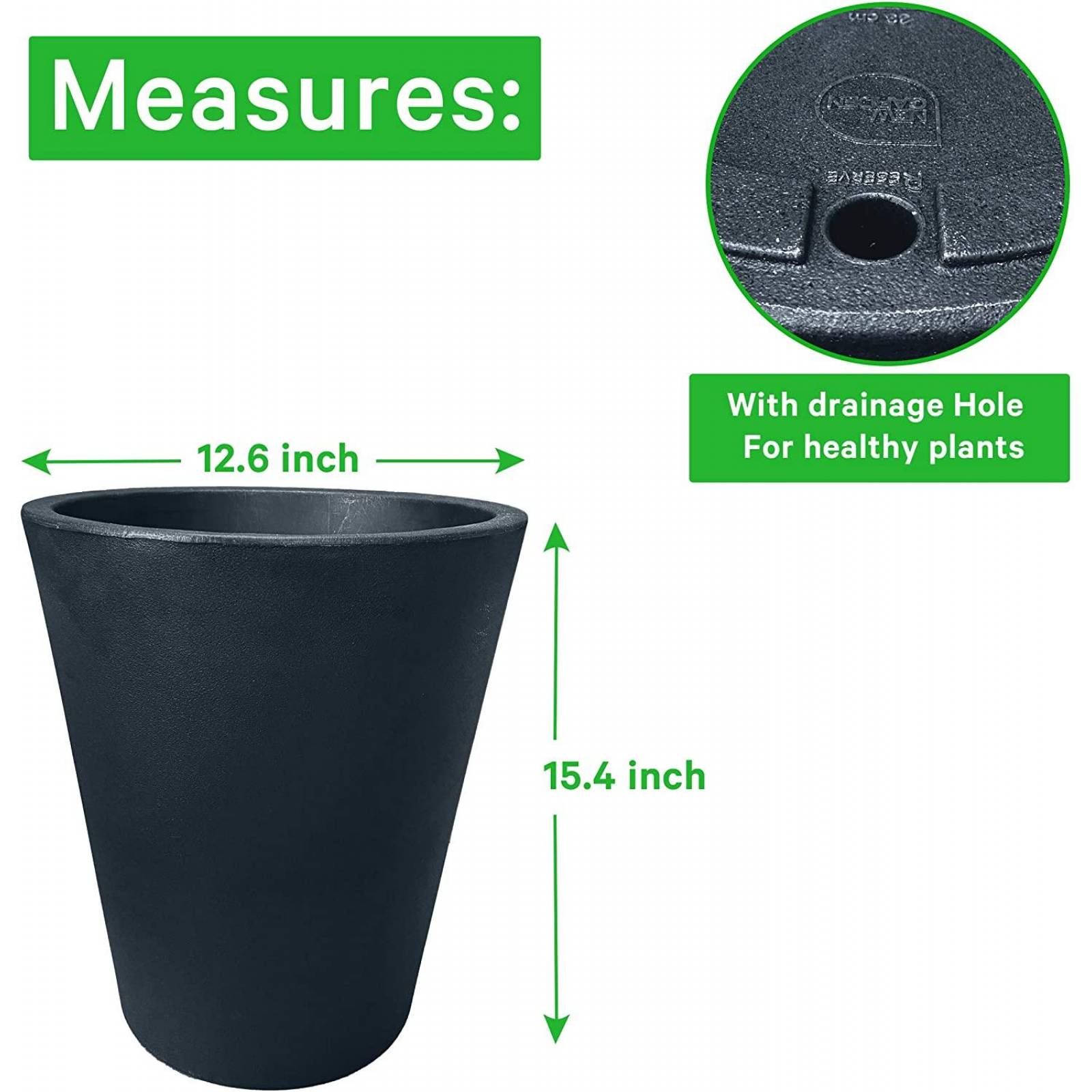 Maceta Plastico Redonda con Drenaje, 38 cm x 33 cm Negro