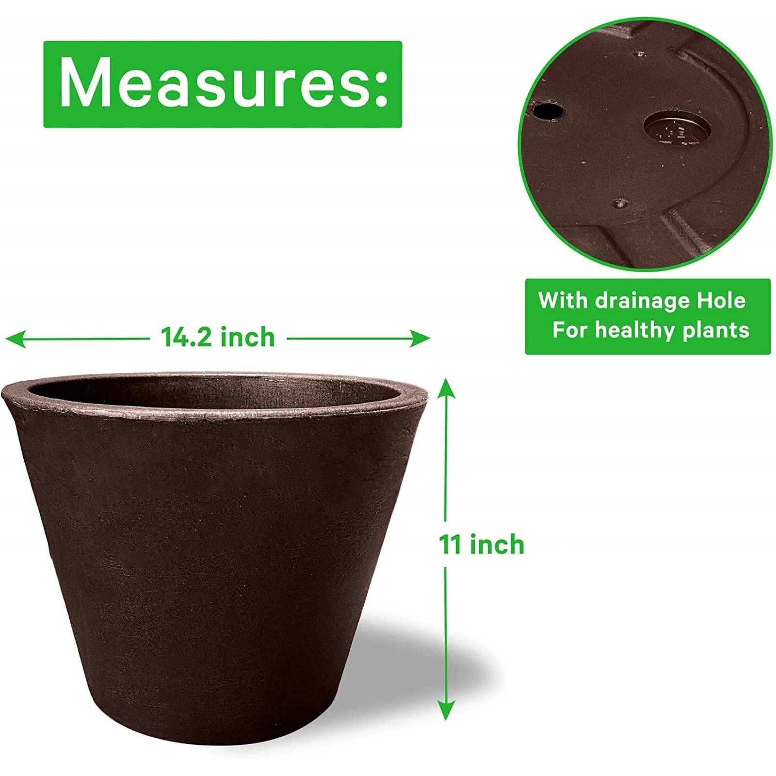 Macetero Redondo de 28 x 35 cm con Drenaje, Resistente Café
