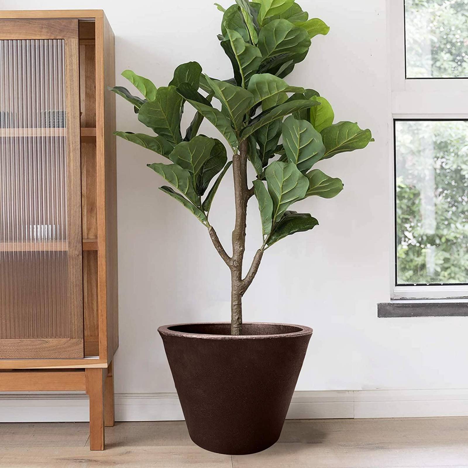 Macetero Redondo de 28 x 35 cm con Drenaje, Resistente Café