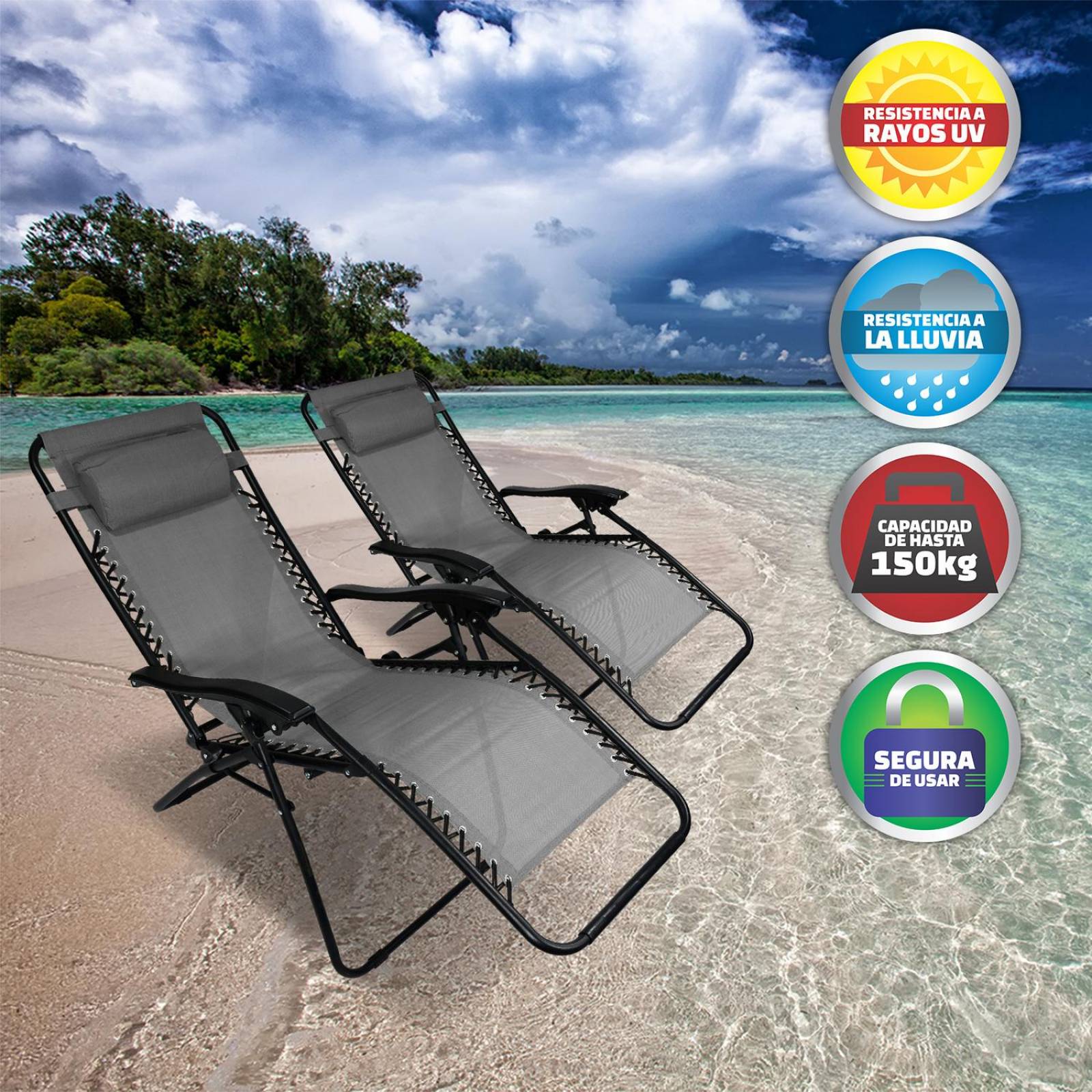 Set De 2 Sillas Tipo Camastro Plegable Tecnologia Gravedad Cero Reclinable Gris
