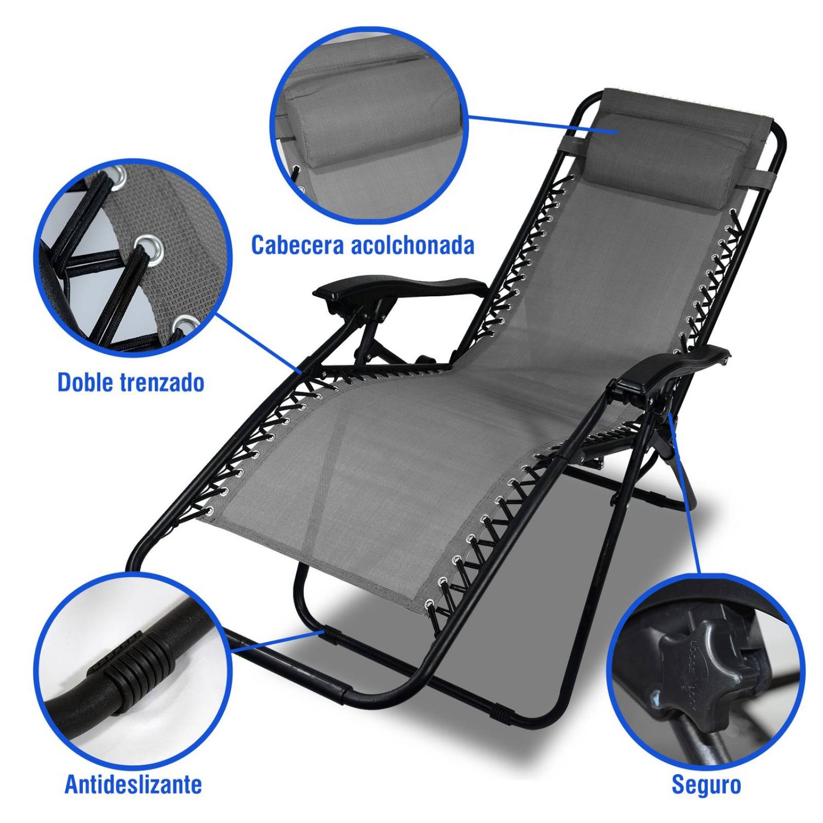 Set De 2 Sillas Tipo Camastro Plegable Tecnologia Gravedad Cero Reclinable Gris
