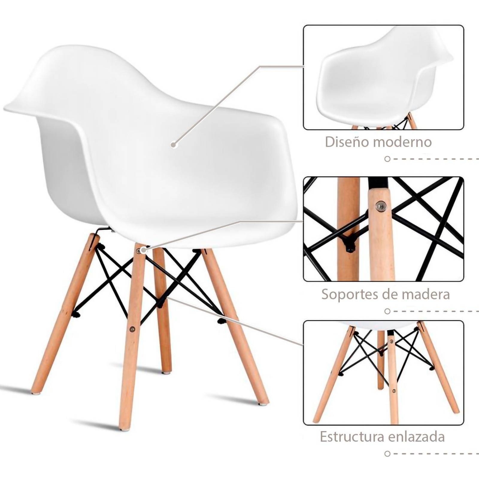 Silla Tipo Eames Con Brazos Comedor Moderno Retro Resistente Blanco