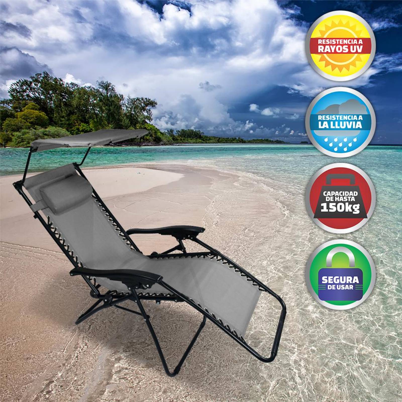 Silla Camastro Plegable Tecnologia Gravedad Cero Reclinable con sombrilla Gris