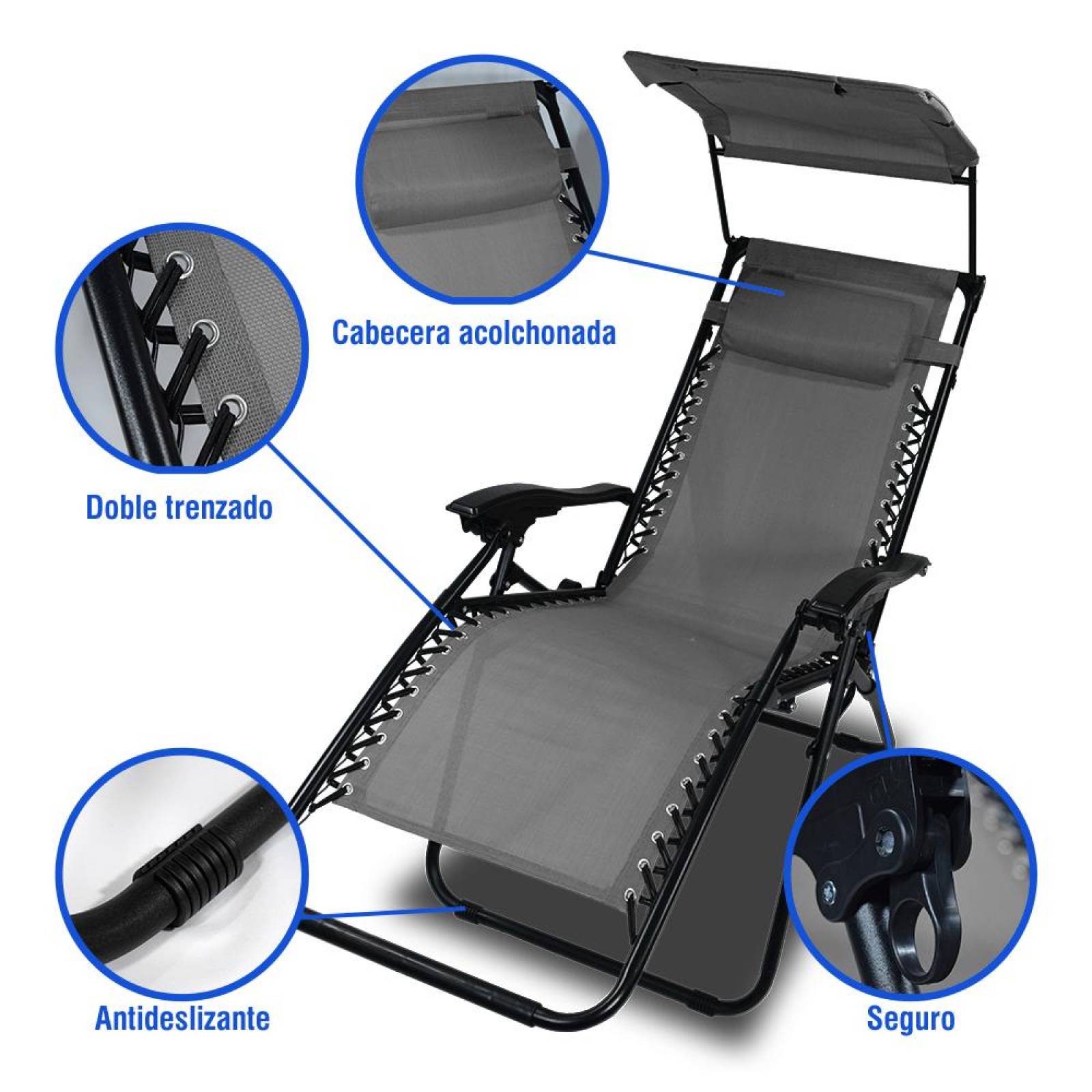 Silla Camastro Plegable Tecnologia Gravedad Cero Reclinable con sombrilla Gris