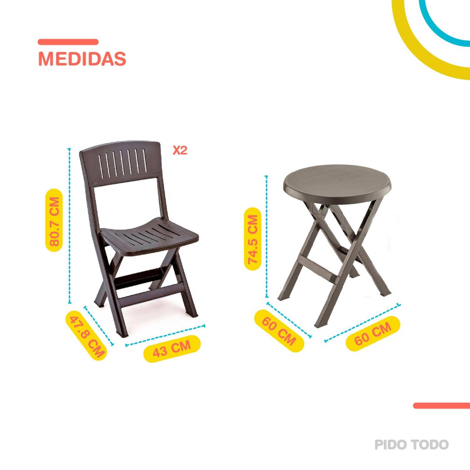 Set de Mesa De Servicio circular y 2 sillas Plastico minimal Café