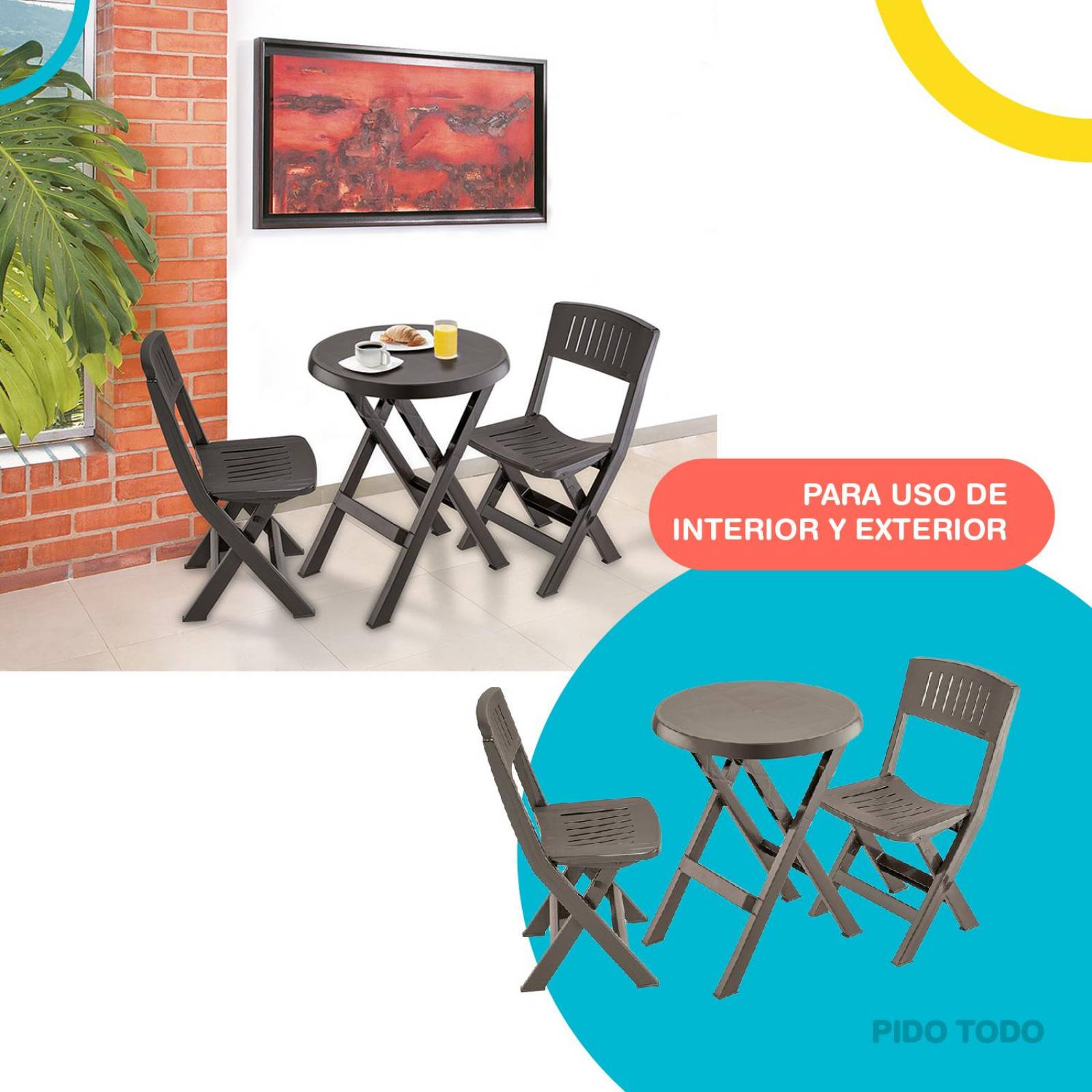 Set de Mesa De Servicio circular y 2 sillas Plastico minimal Café