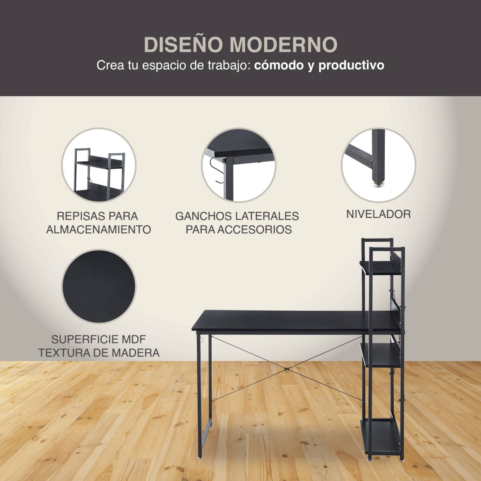 Escritorio Minimalista Estructura Metal Con Repisas Oficina