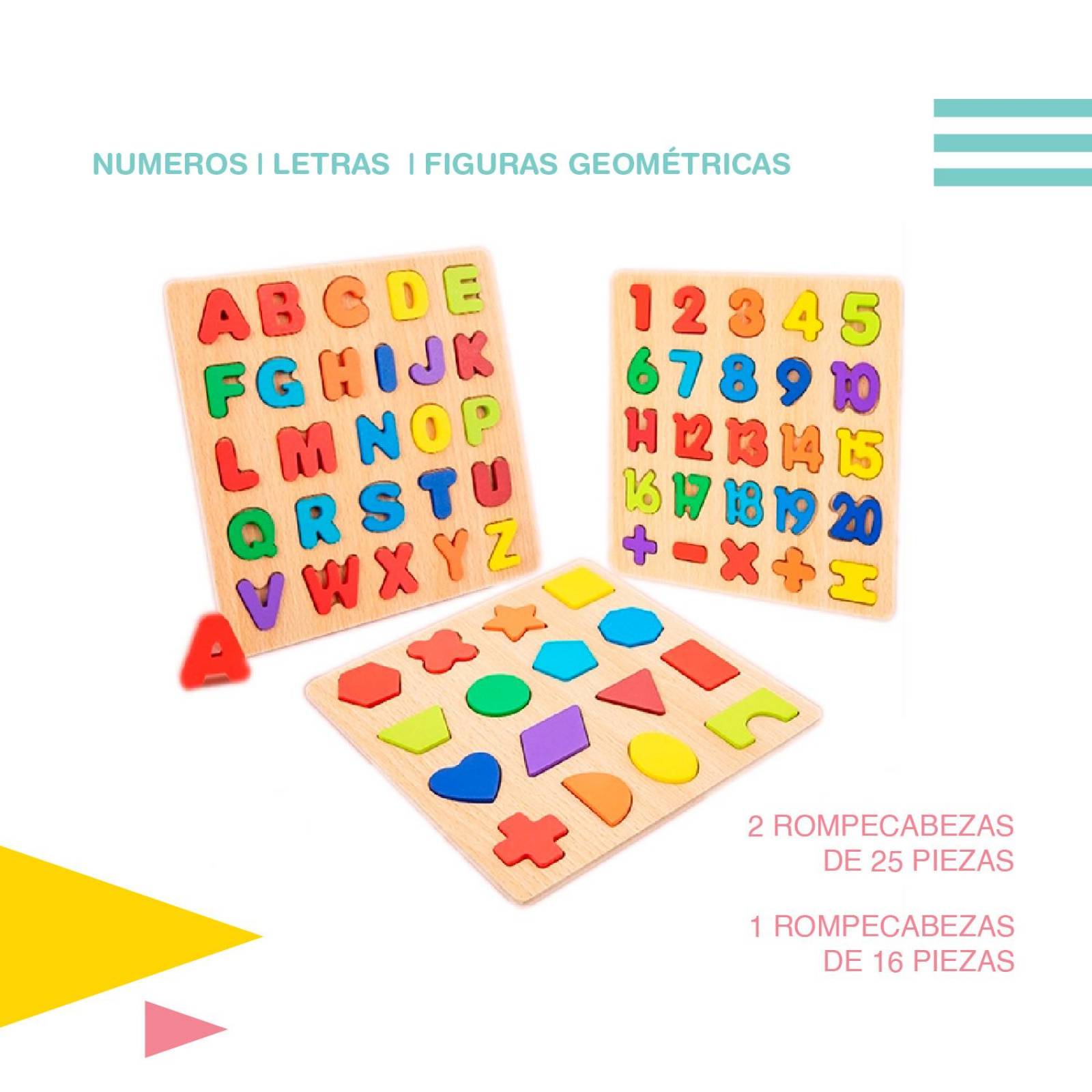 Rompecabezas Numeros, Letras y figuras geometricas 