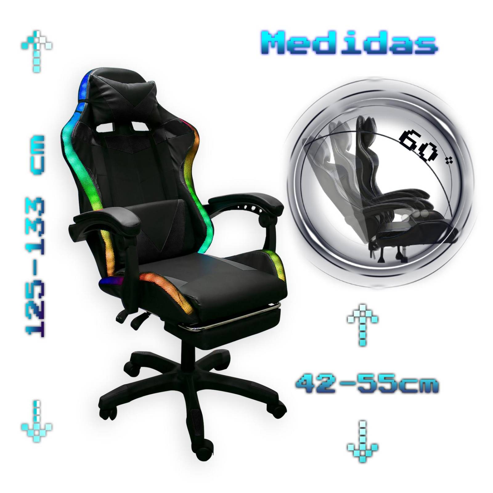 Silla Gaming con Reposapies y Luz LED Premium Gamer Negro