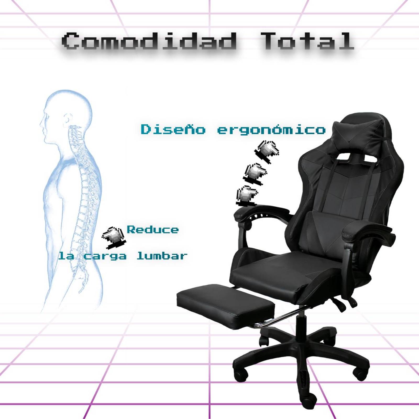 Silla Gaming con Reposapies y Luz LED Premium Gamer Negro