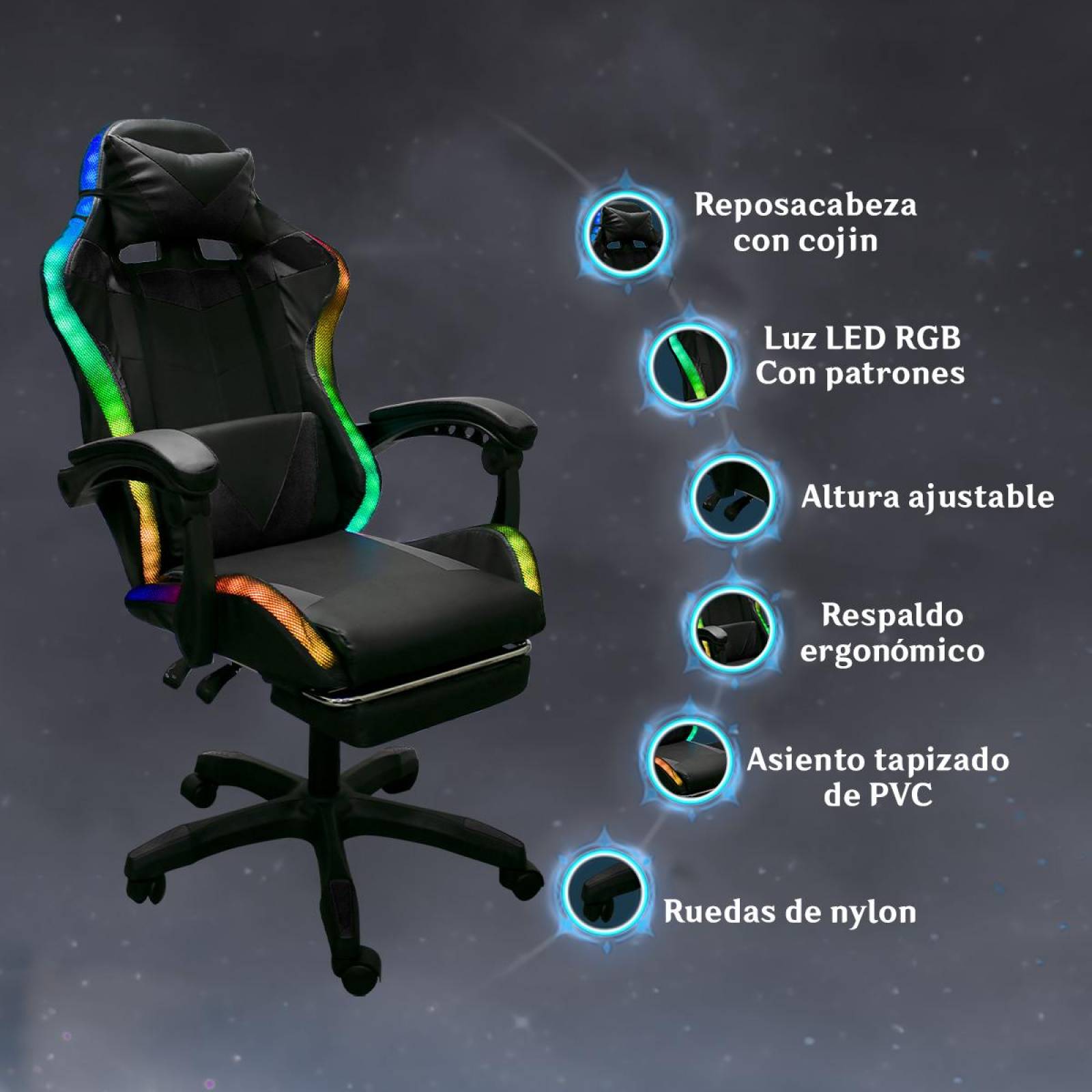 Silla Gaming con Reposapies y Luz LED Premium Gamer Negro