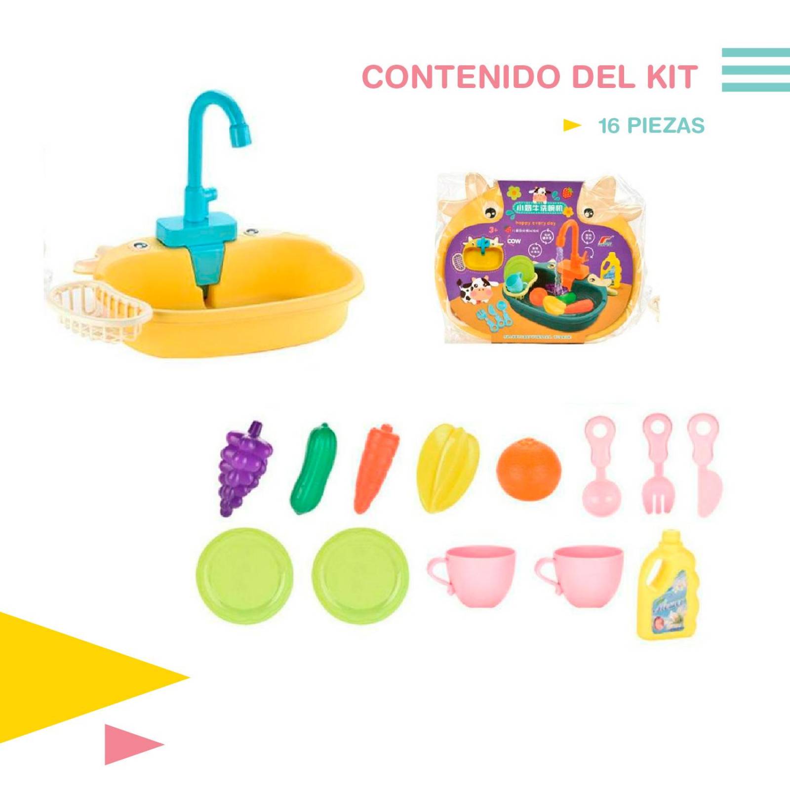 Lava trastes juguete sensorial Set 16 pcs Amarillo