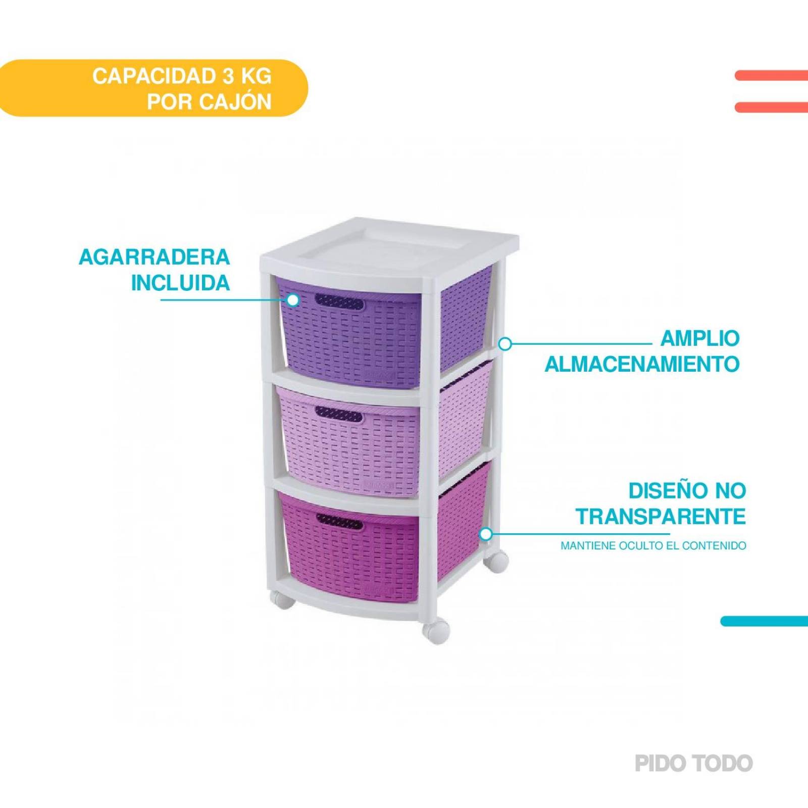 Torre 3 Niveles Cajonera Multiusos Organizador Plastico Lila
