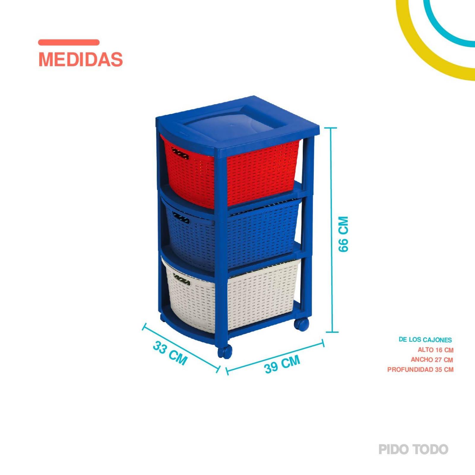 Torre 3 Niveles Cajonera Multiusos Organizador Plastico Azul