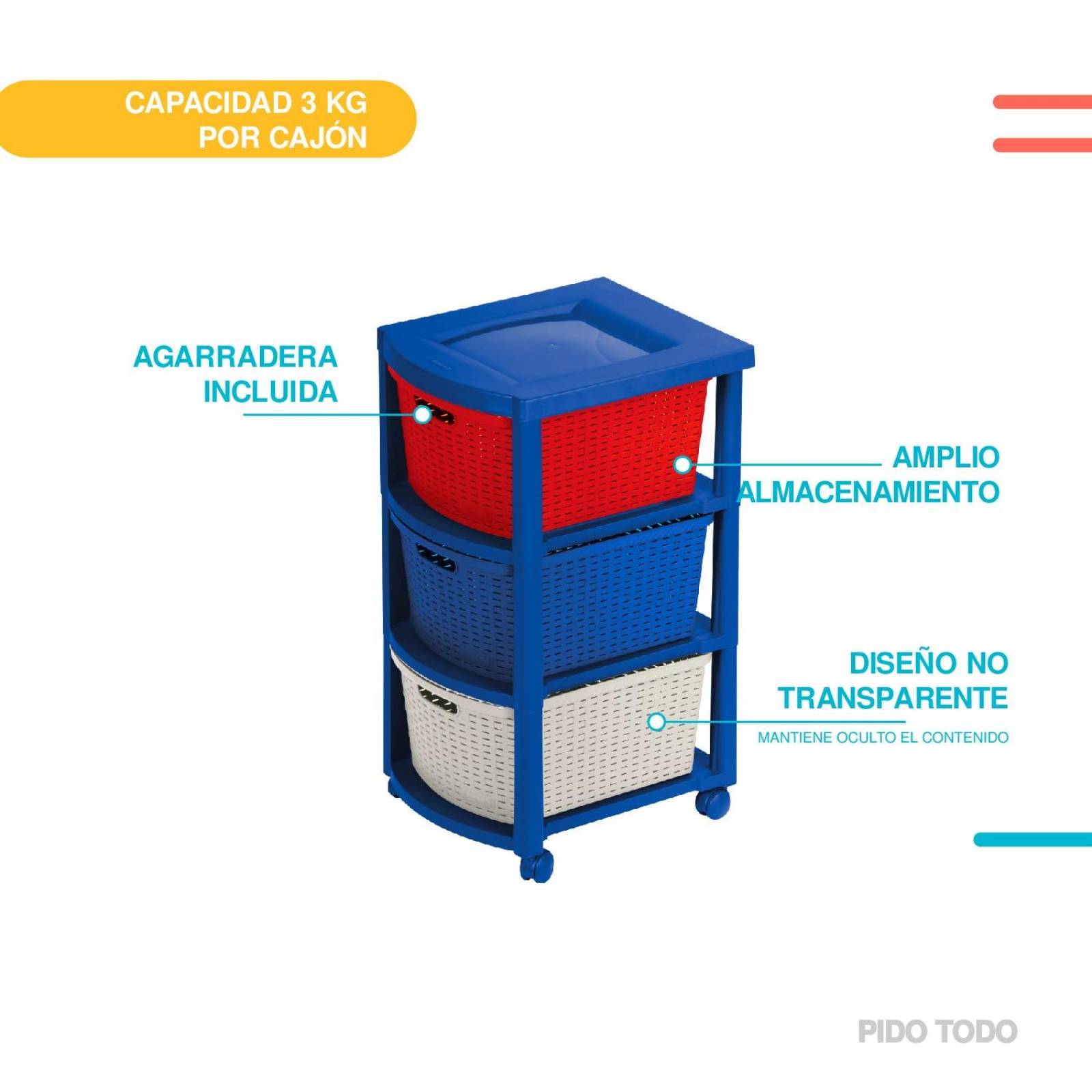Torre 3 Niveles Cajonera Multiusos Organizador Plastico Azul