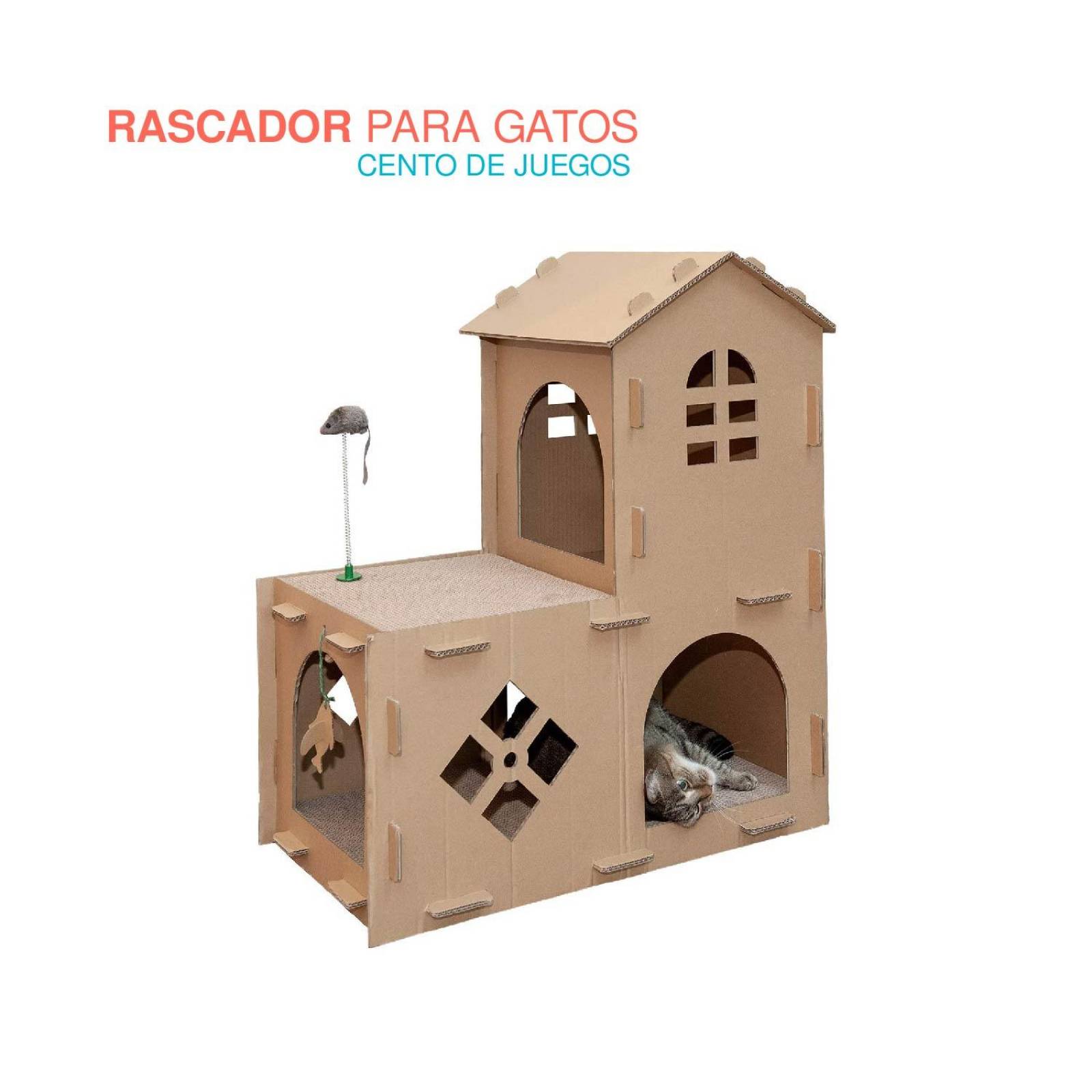 Casa de campo para gato con rascador