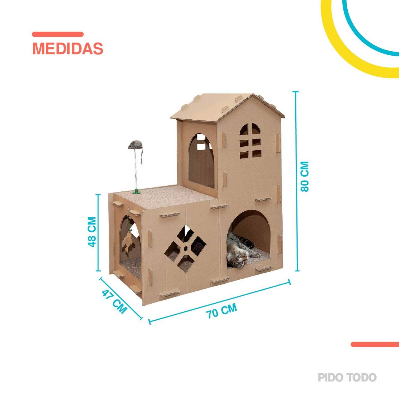Casa de campo para gato con rascador