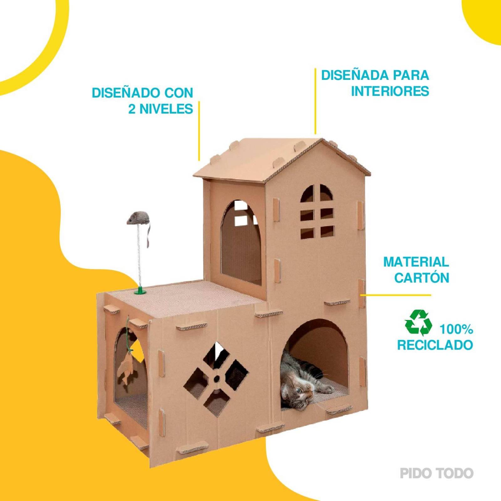 Casa de campo para gato con rascador