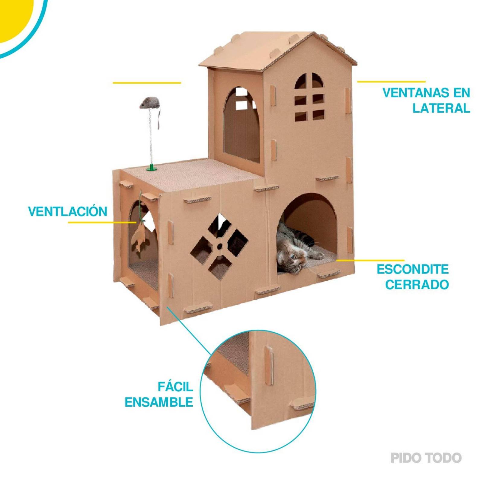 Casa de campo para gato con rascador