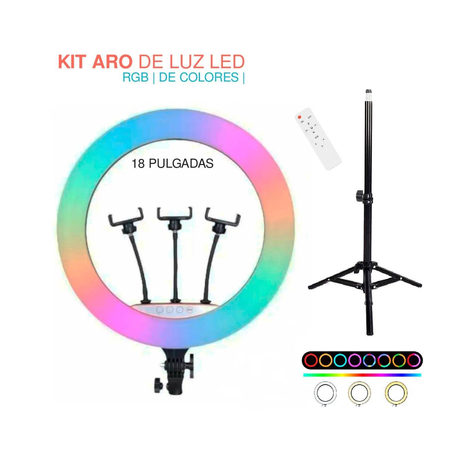 RGB Aro Luz LED 18in con 3 Soportes para Celular