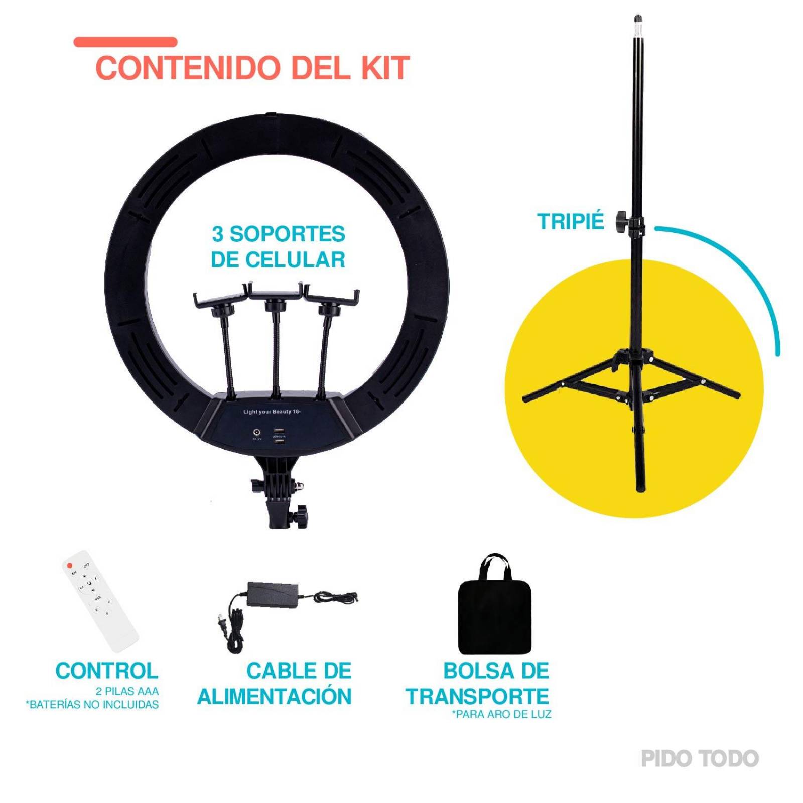 RGB Aro Luz LED 18in con 3 Soportes para Celular