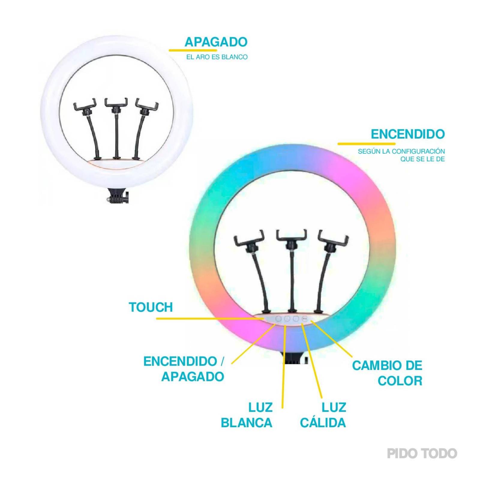 RGB Aro Luz LED 18in con 3 Soportes para Celular