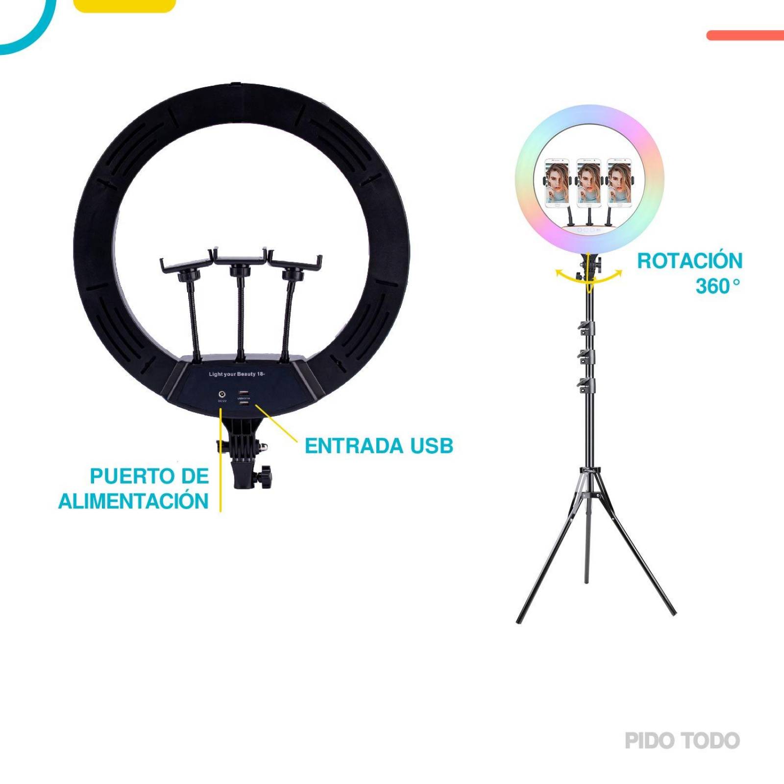 RGB Aro Luz LED 18in con 3 Soportes para Celular