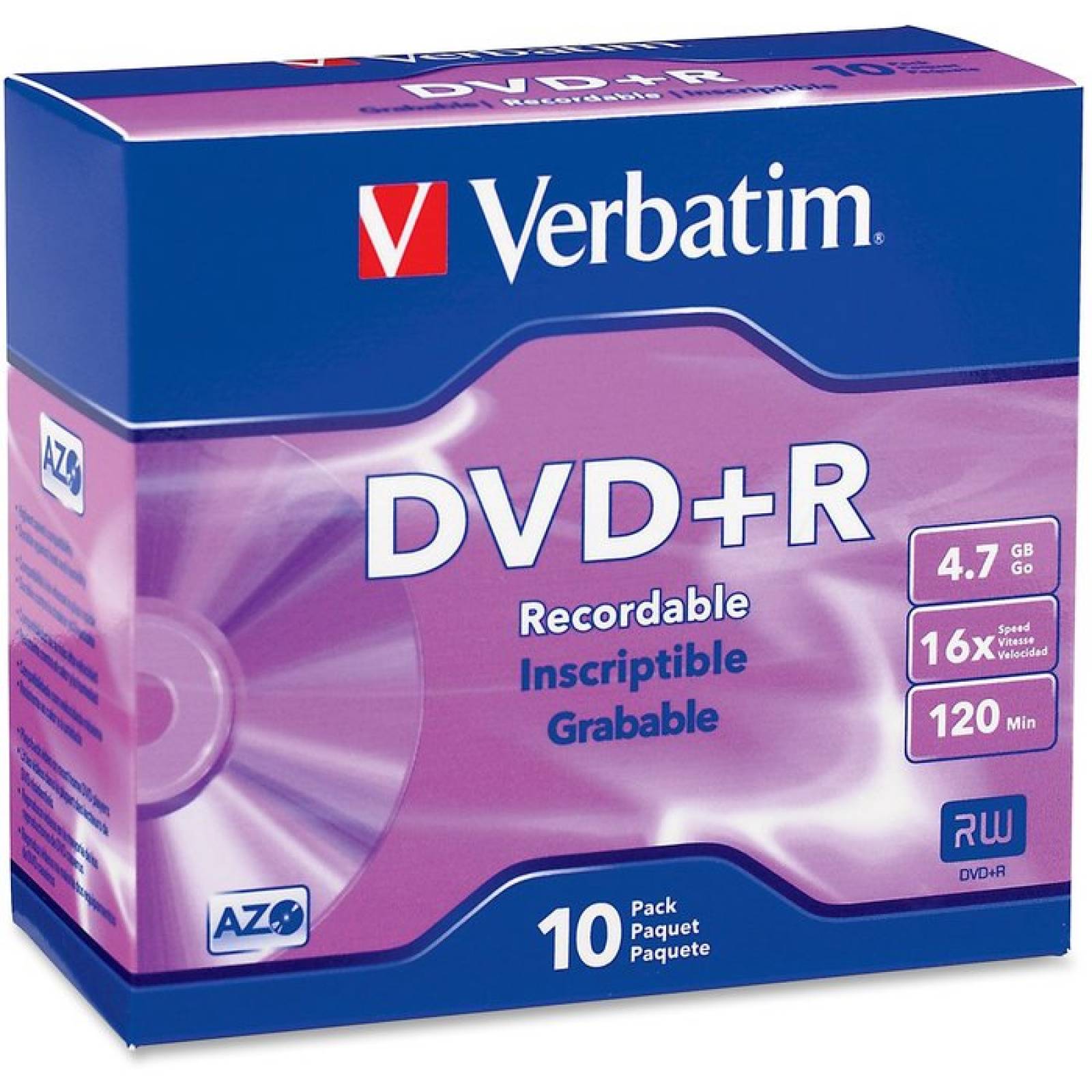 Verbatim AZO DVD  R 47GB 16X con superficie de marca  Estuche delgado 10pk