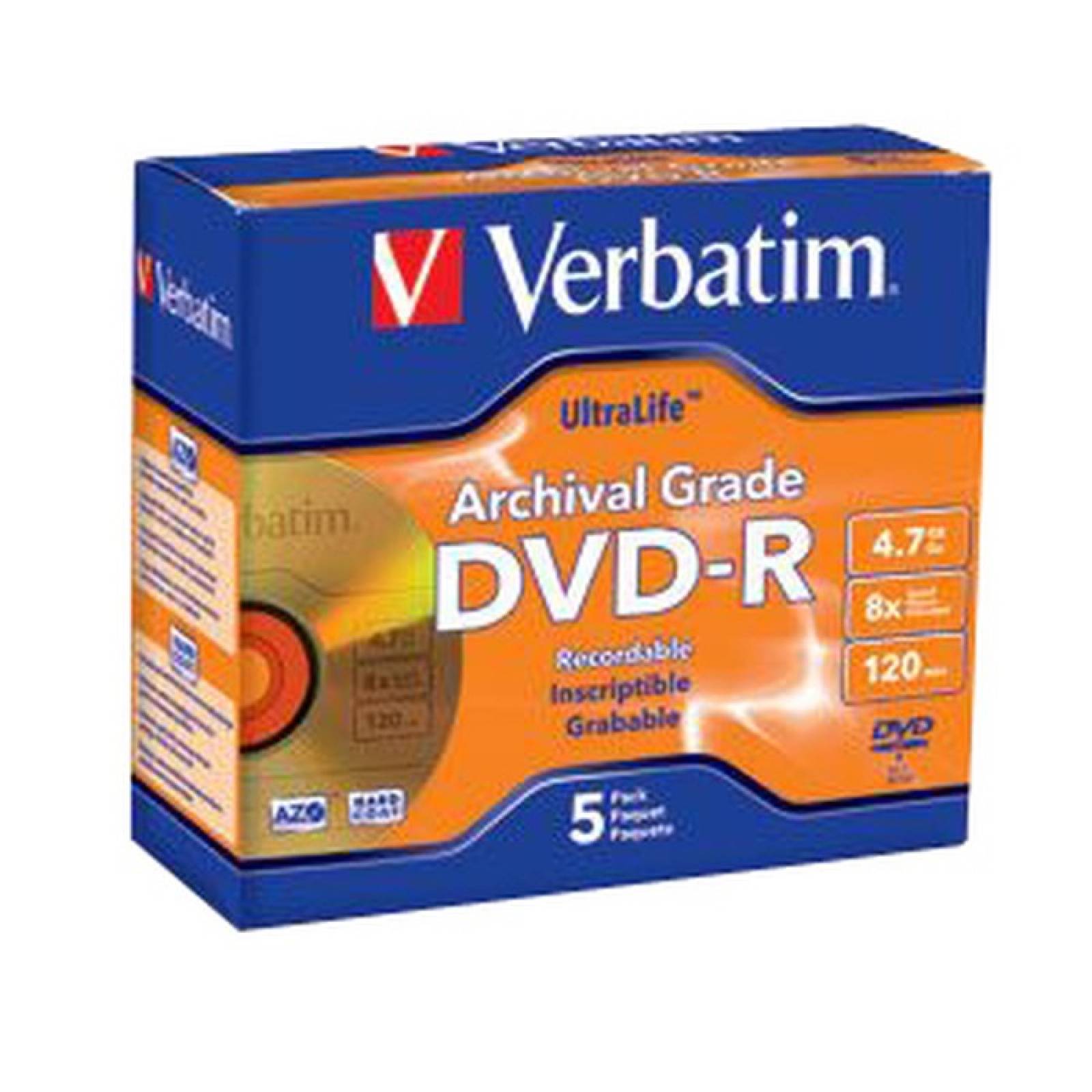 Verbatim DVDR 47GB 16X UltraLife Gold Archival Grade con superficie de marca y capa dura  5 pk Jewel Case