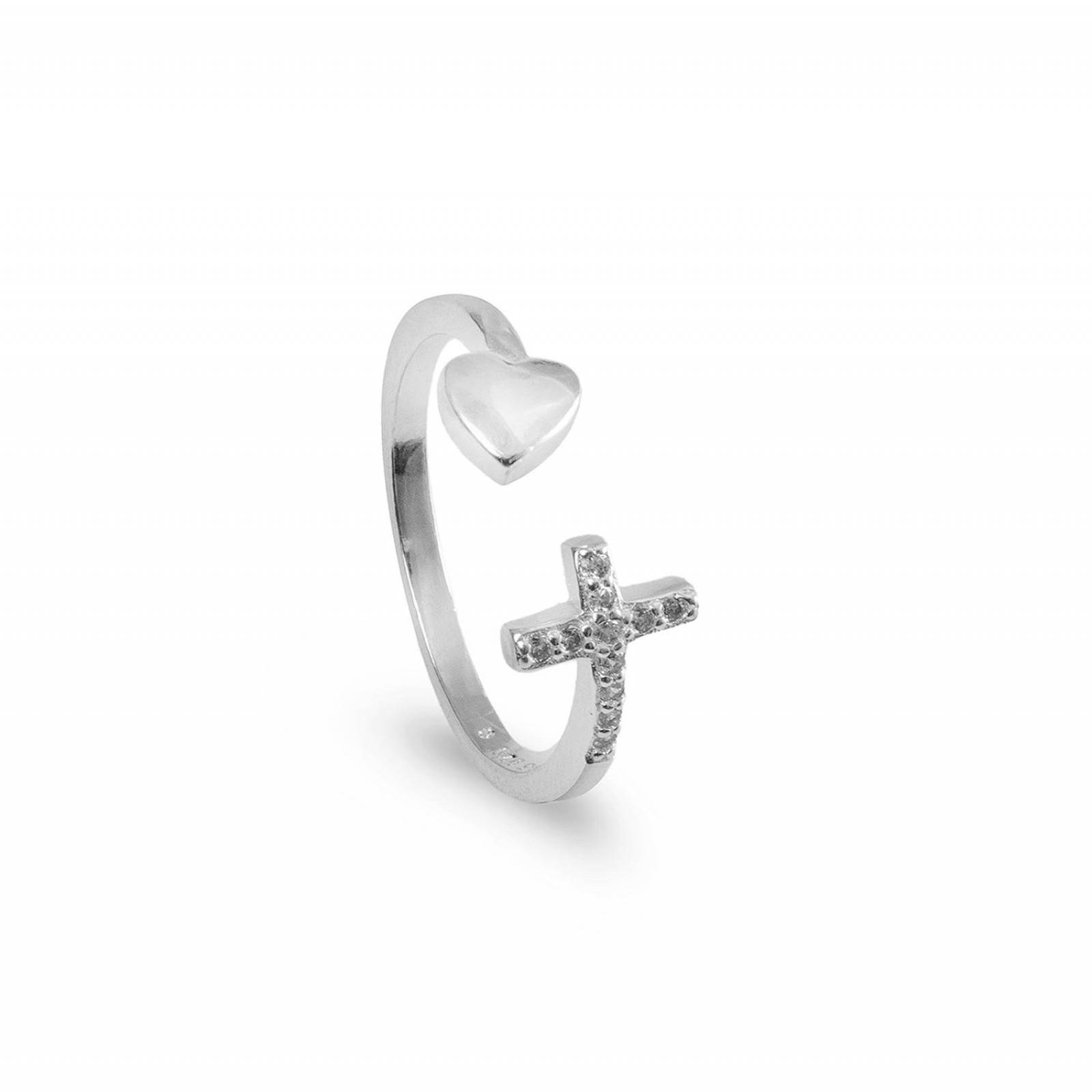 Anillo Ajustable Corazón / Cruz Y Zirconia Aaa Plata .925