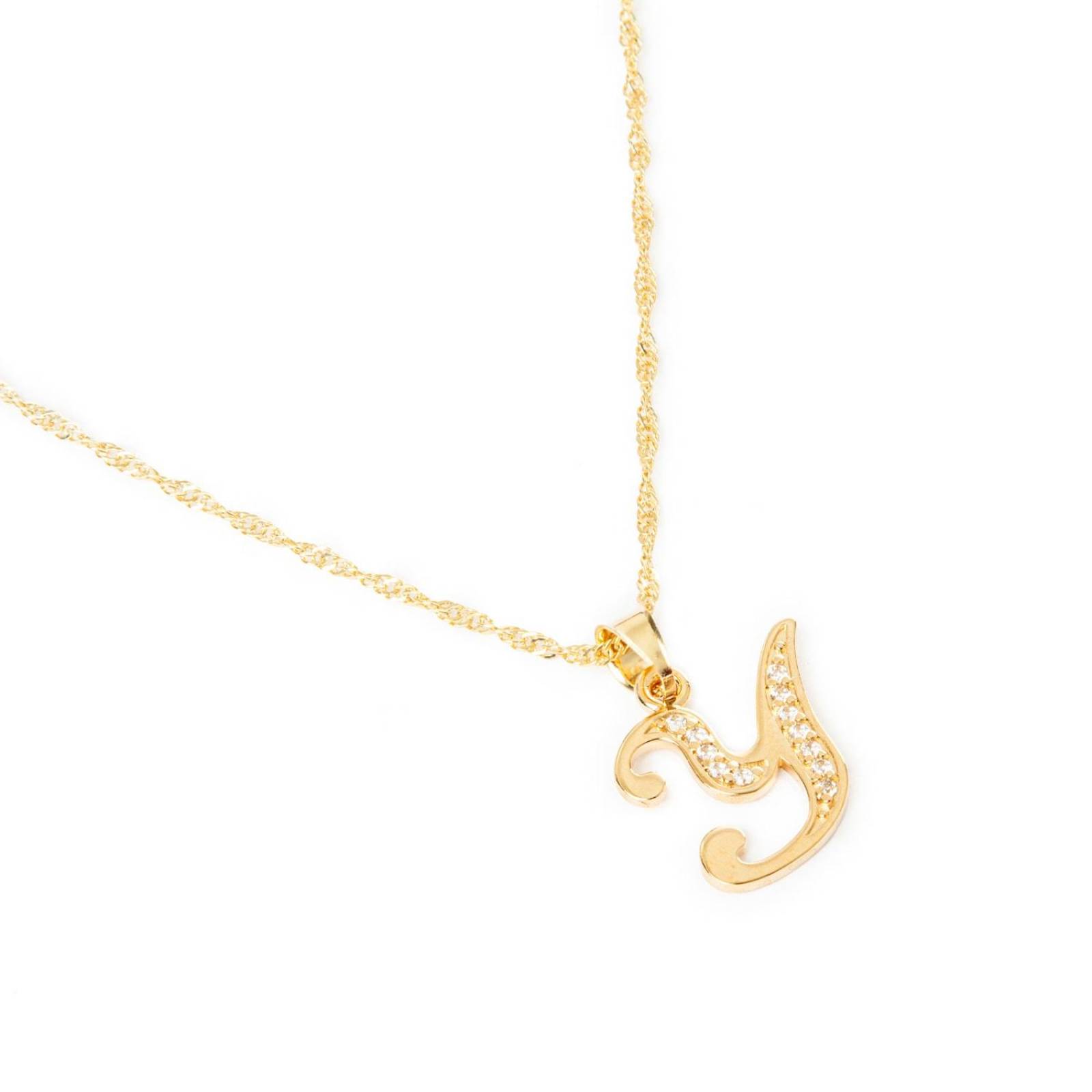 Dije Inicial / Letra Y con Zirconias y Cadena Chapa Oro 18K 