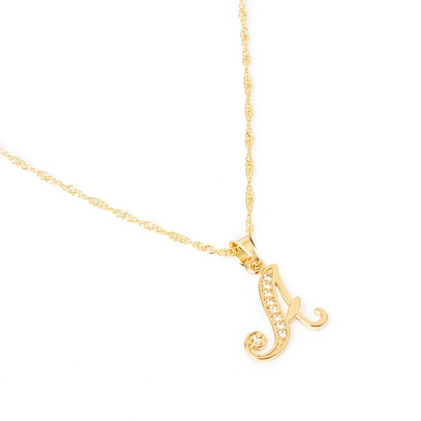 Dije Inicial / Letra A con Zirconias y Cadena Chapa de Oro 18K 