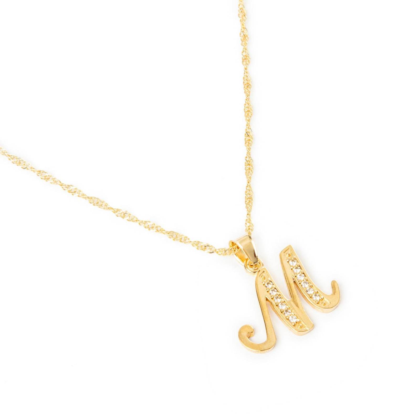 Dije Inicial / Letra M con Zirconias y Cadena Chapa Oro 18K 