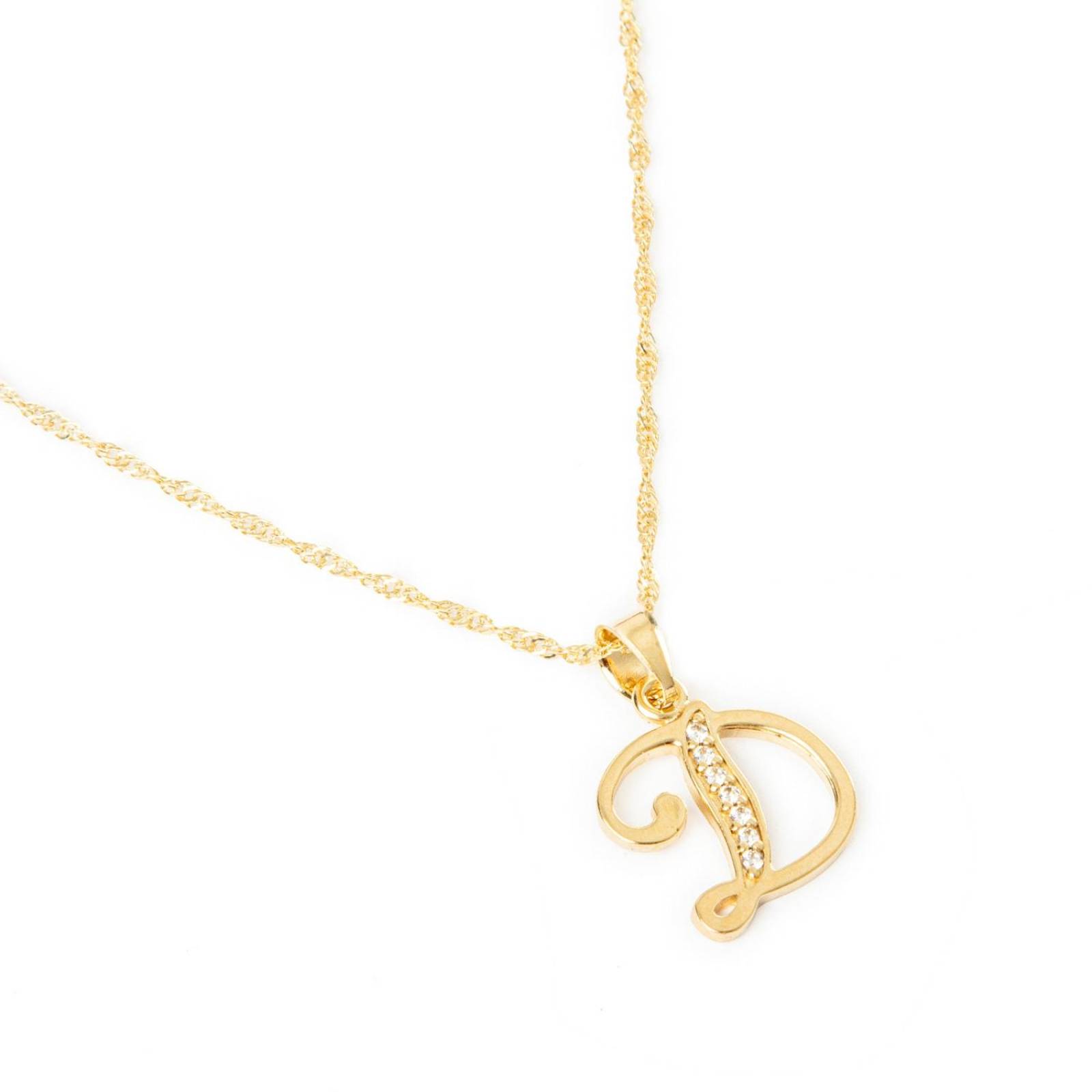 Dije Inicial / Letra D con Zirconias y Cadena Chapa Oro 18K 