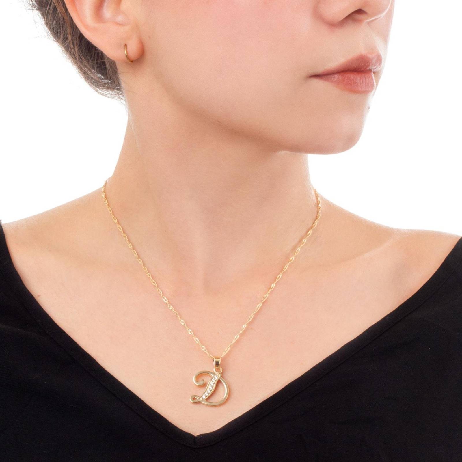 Dije Inicial / Letra D con Zirconias y Cadena Chapa Oro 18K 