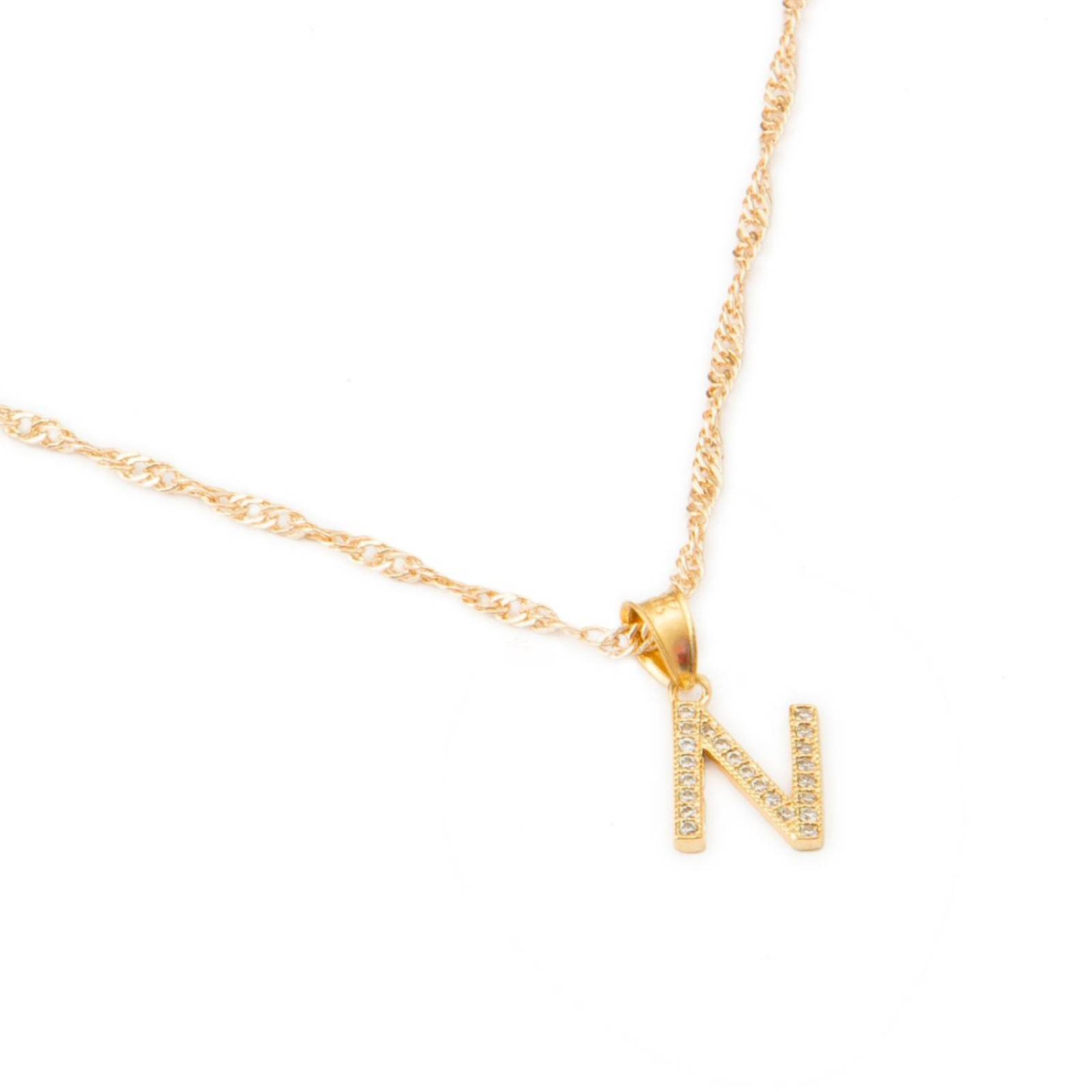 Dije Inicial / Letra N Mini con Zirconia Chapa de Oro 18k + Cadena