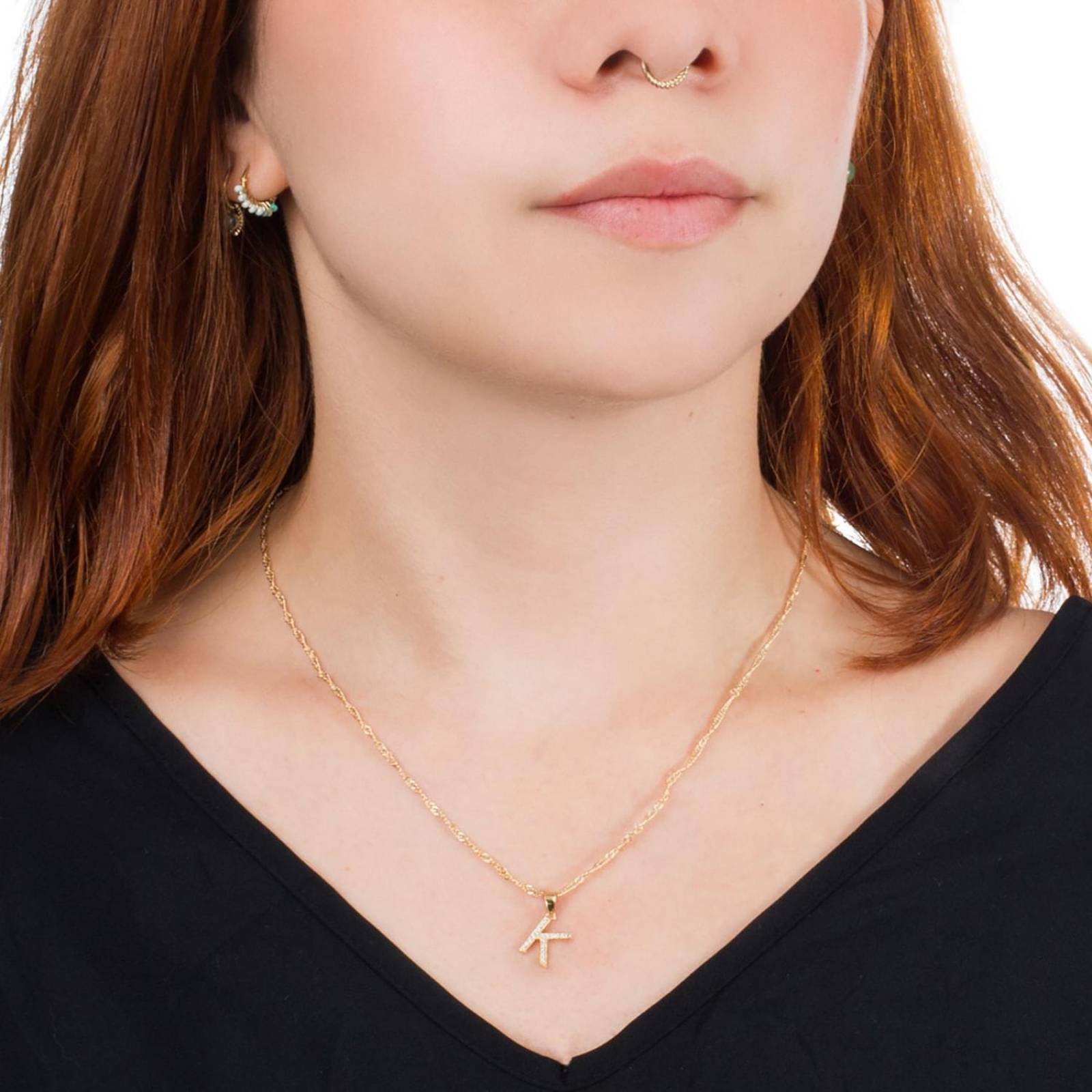 Dije Inicial / Letra K Mini con Zirconia Chapa de Oro 18k + Cadena 